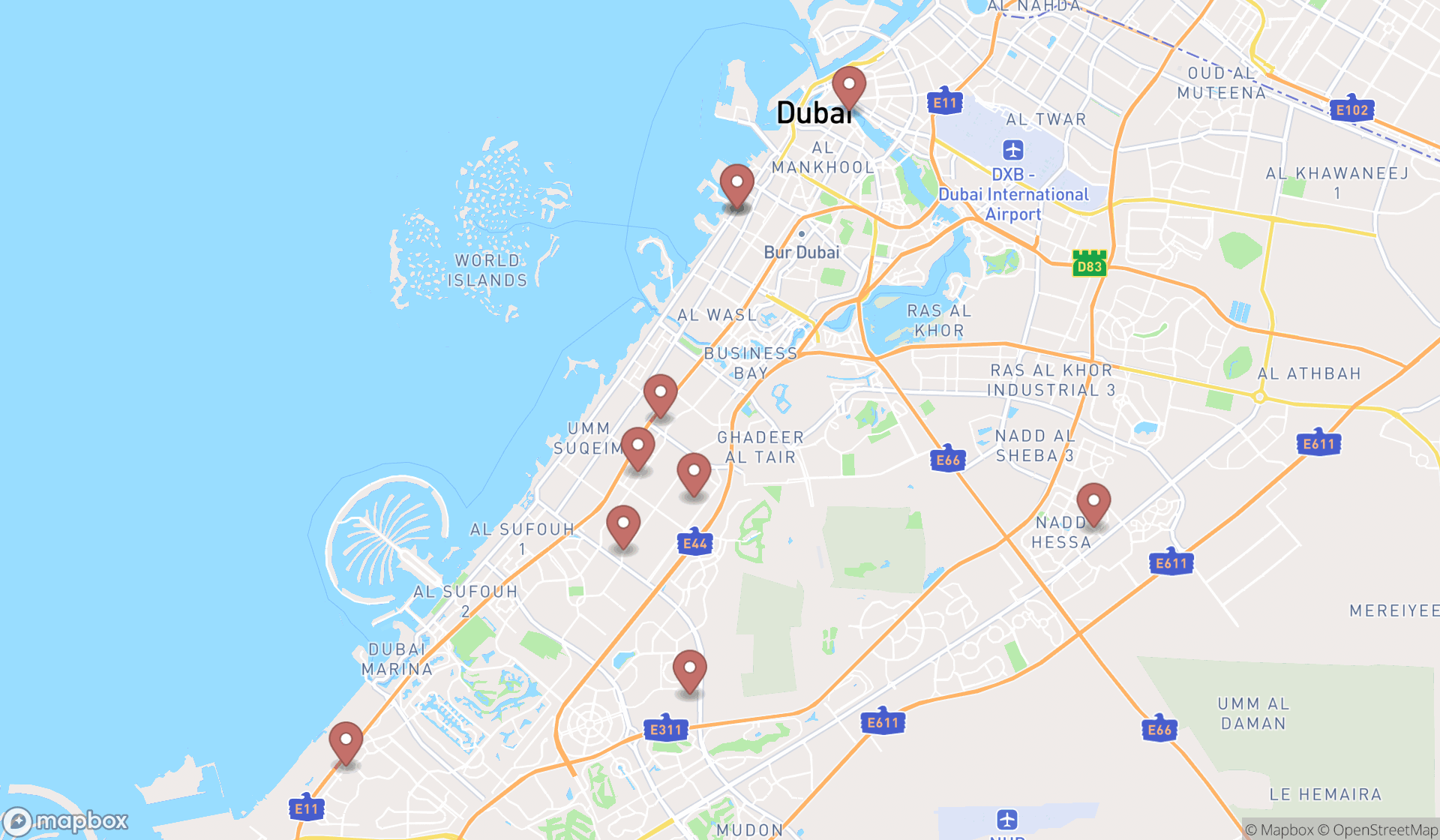 Map showing the search results in Dubai