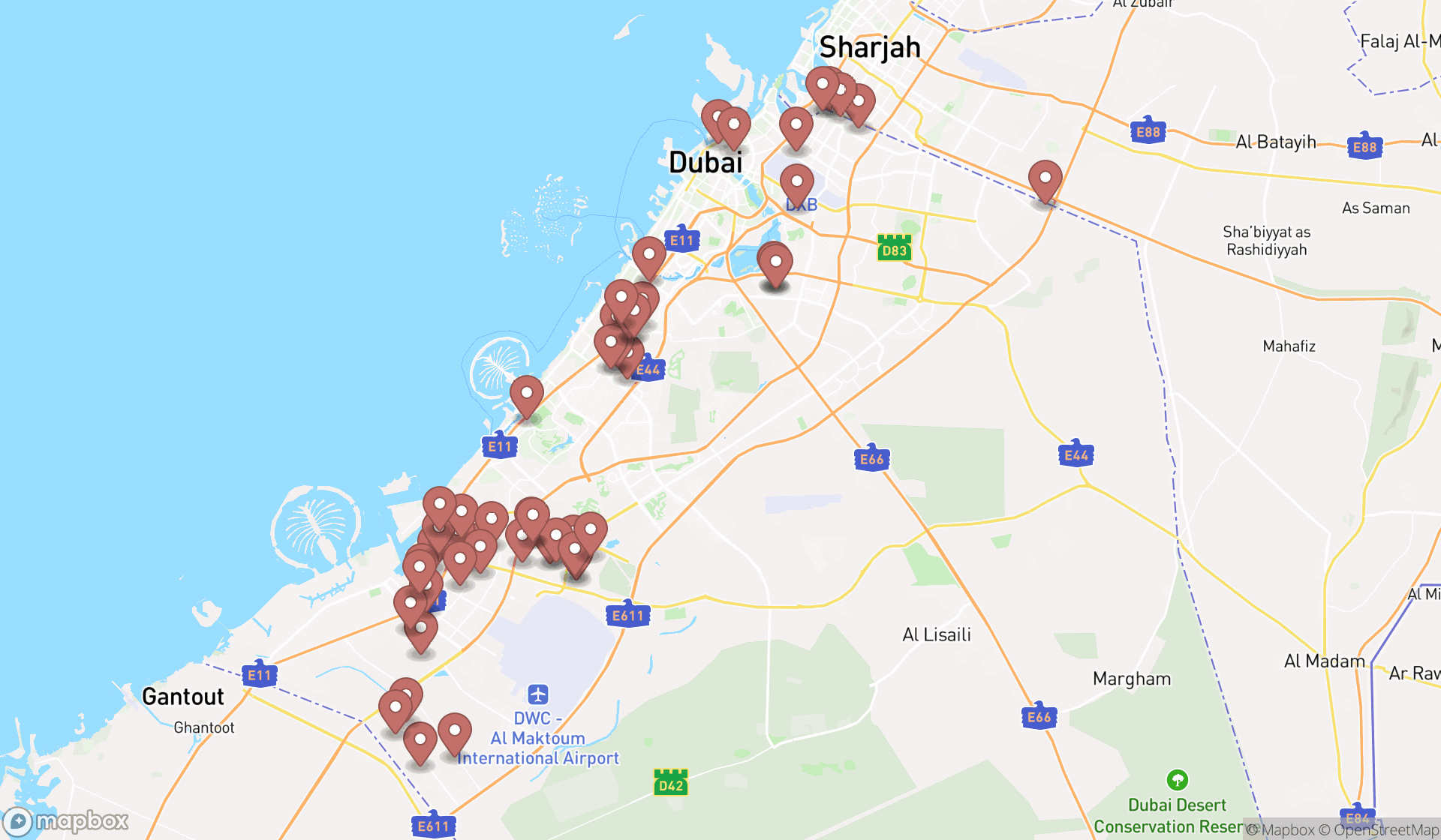 Map showing the search results in Dubai