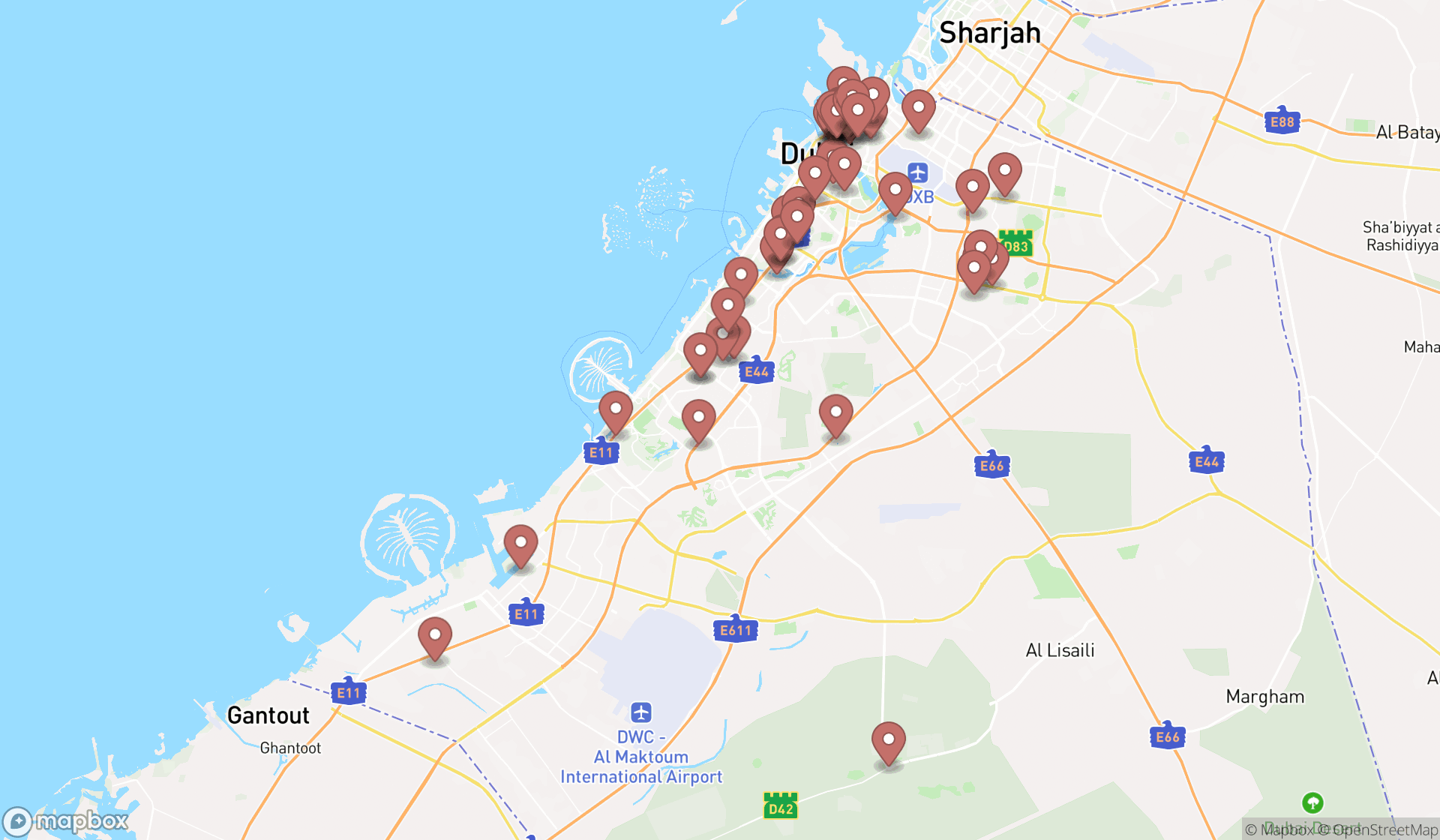 Map showing the search results in Dubai
