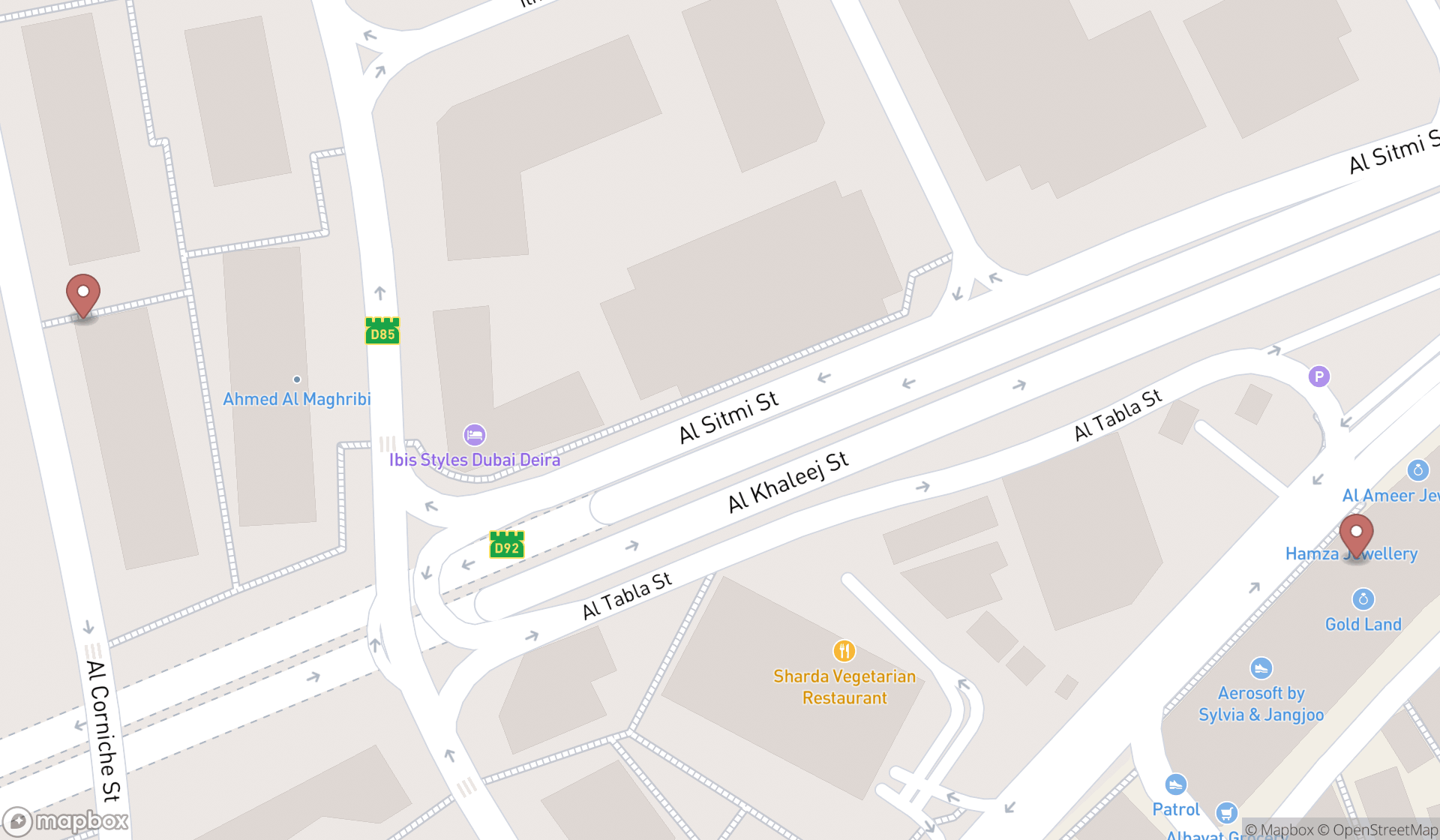 Map showing the search results in Dubai