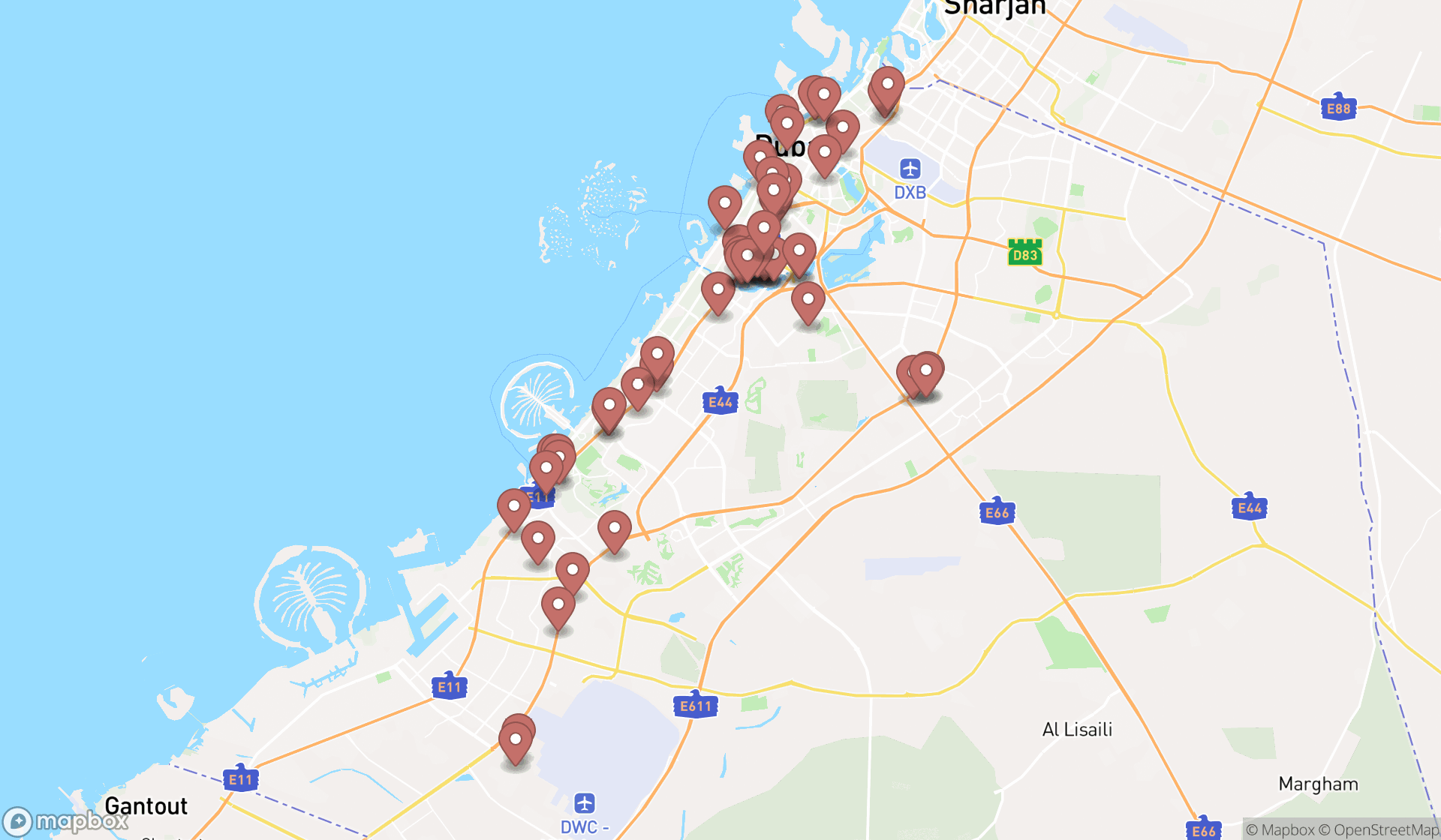 Map showing the search results in Dubai