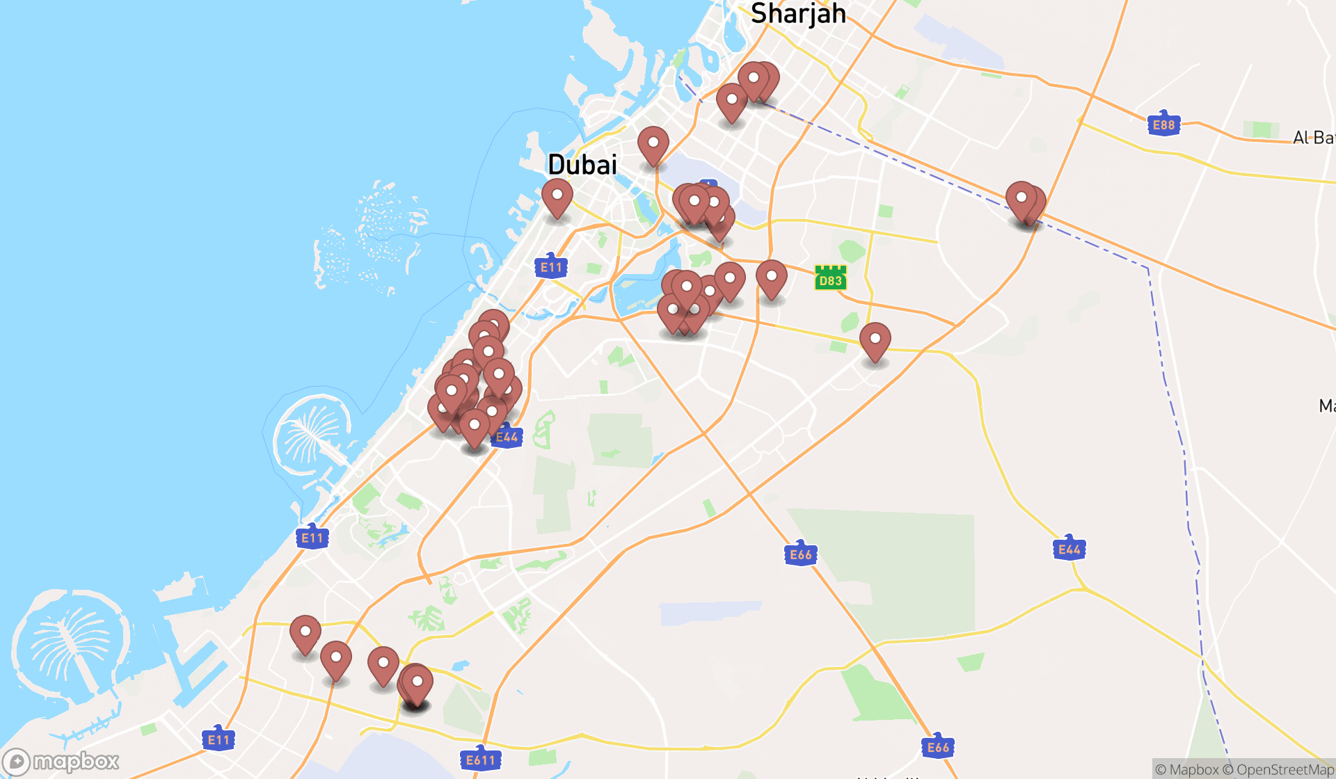 Map showing the search results in Dubai