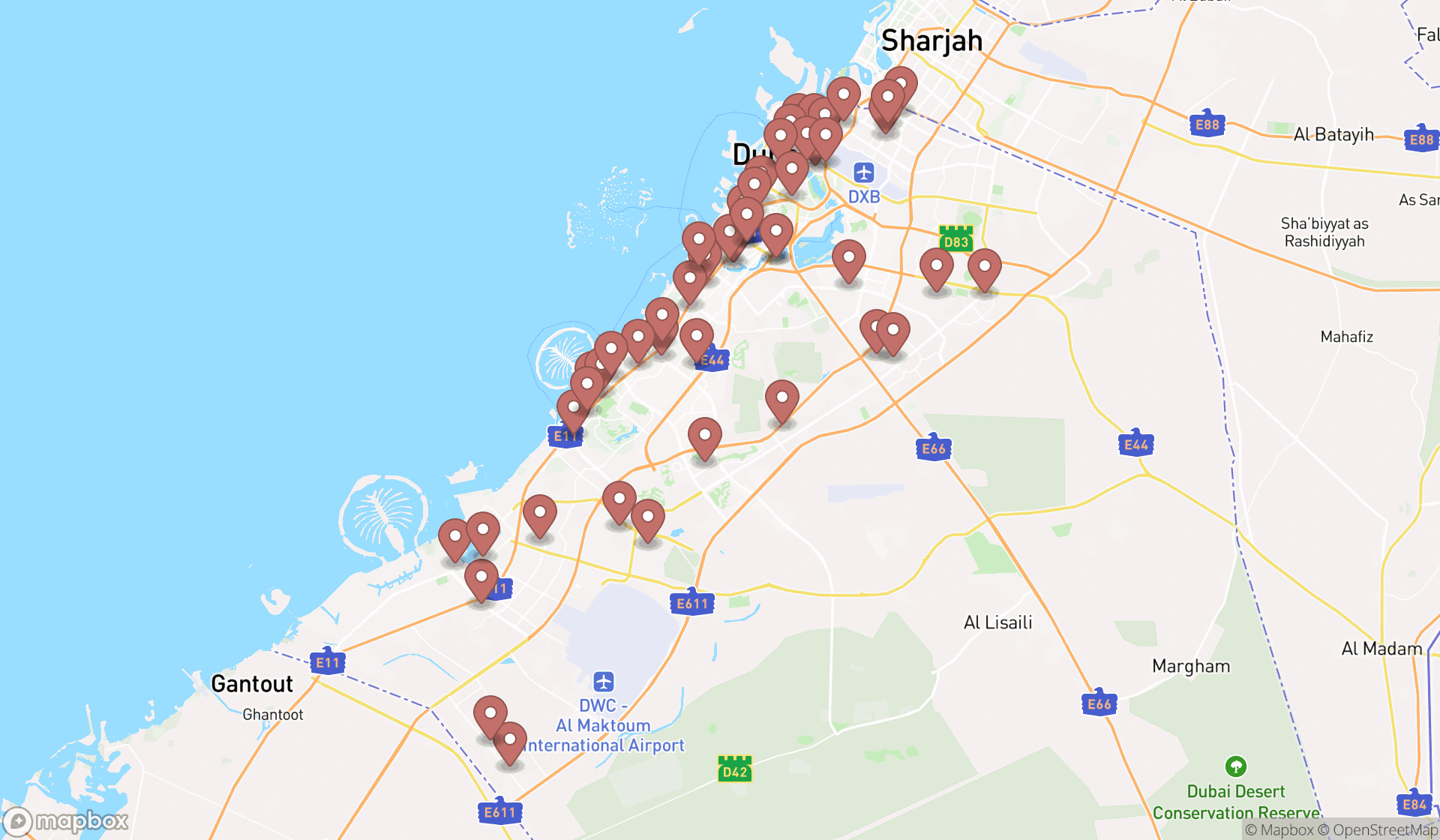 Map showing the search results in Dubai