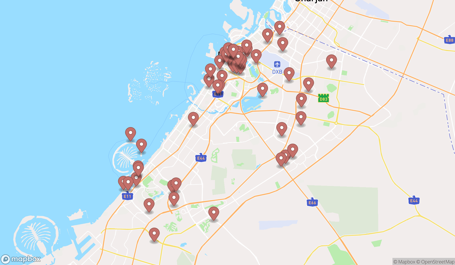 Map showing the search results in Dubai