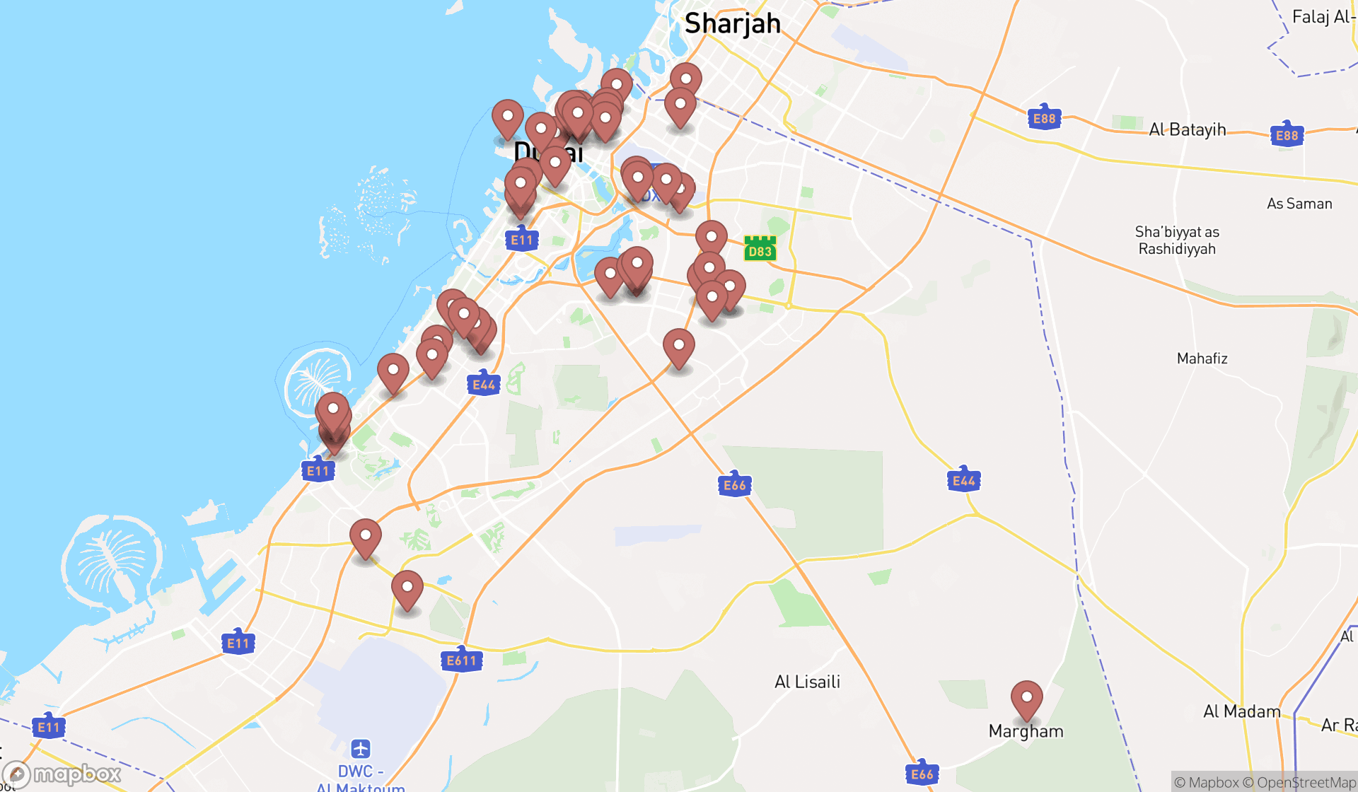 Map showing the search results in Dubai