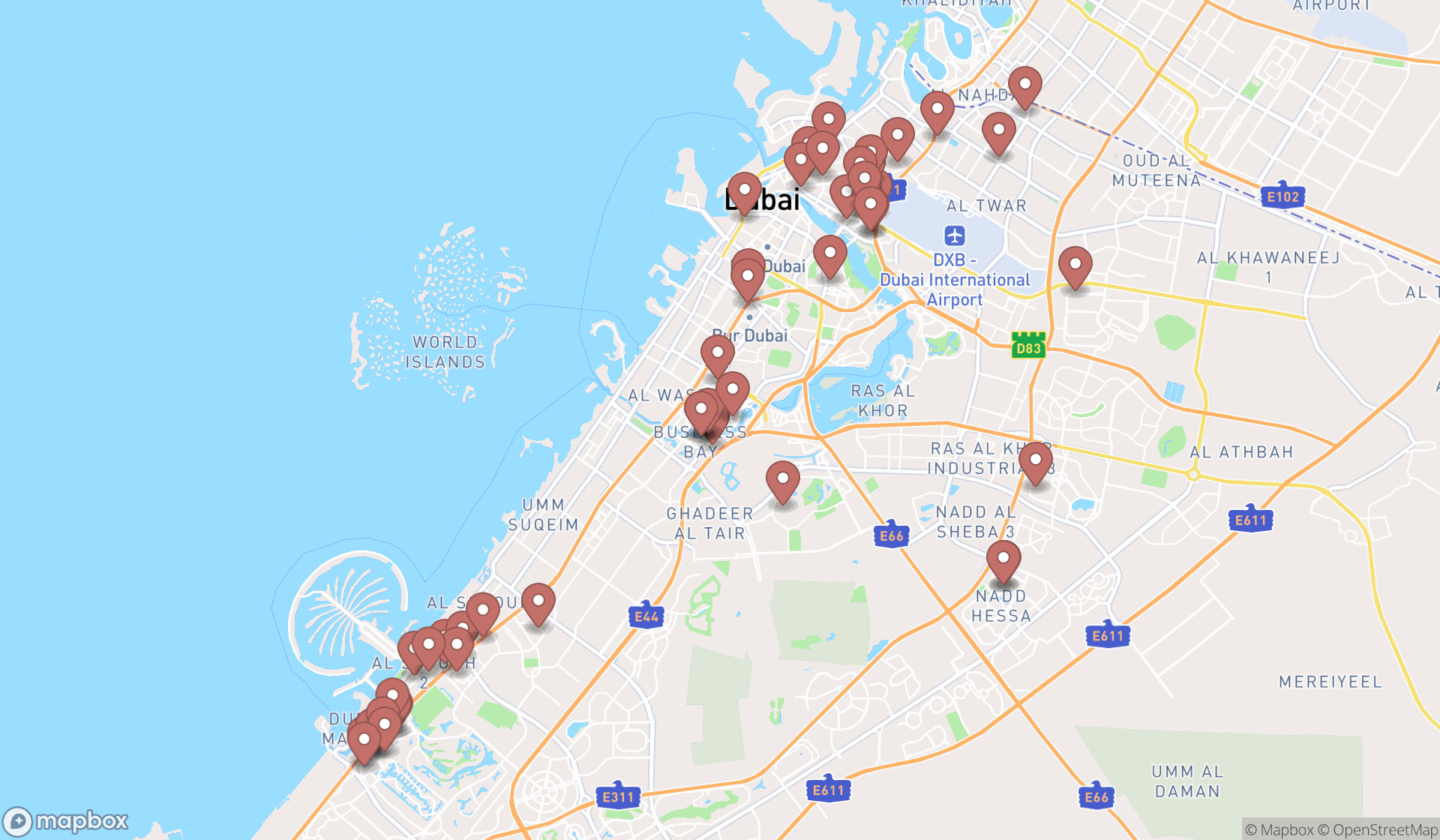 Map showing the search results in Dubai