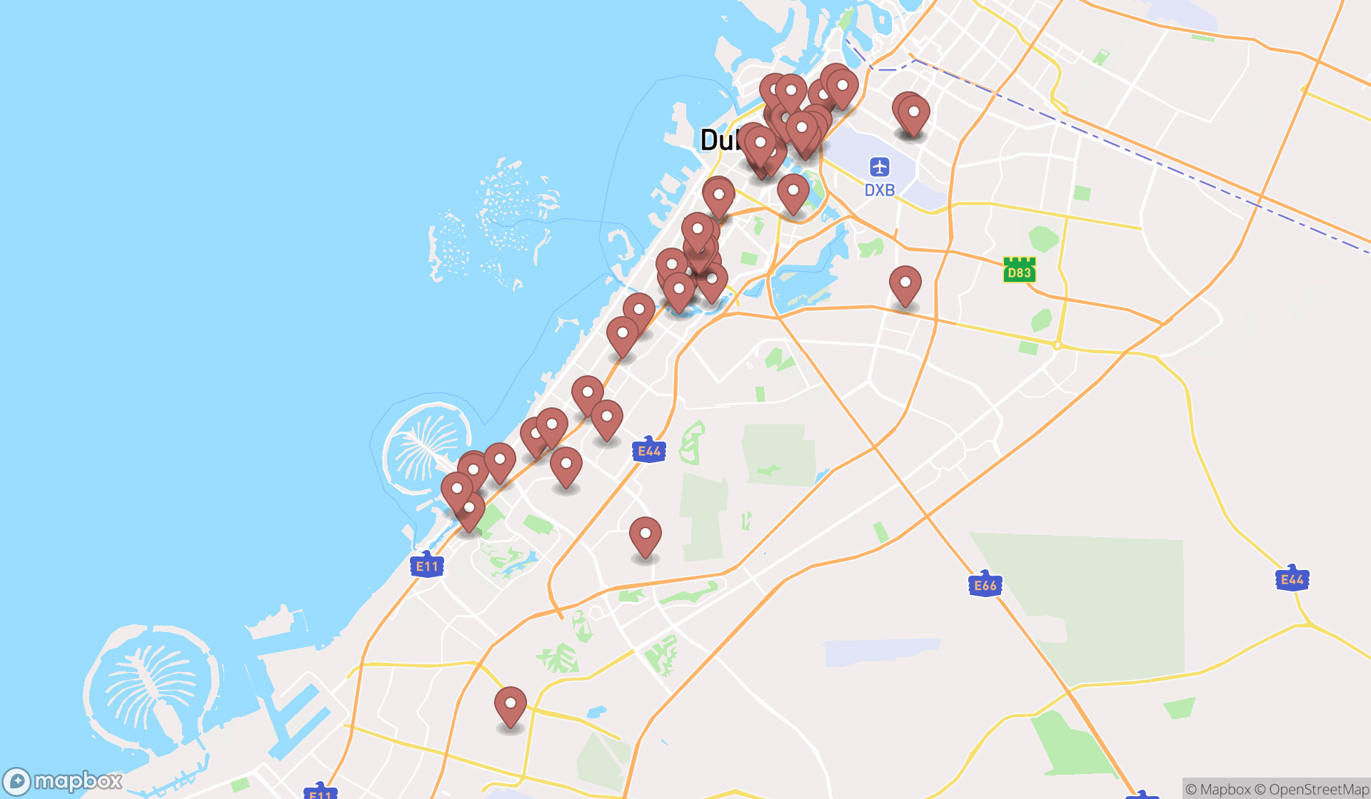 Map showing the search results in Dubai