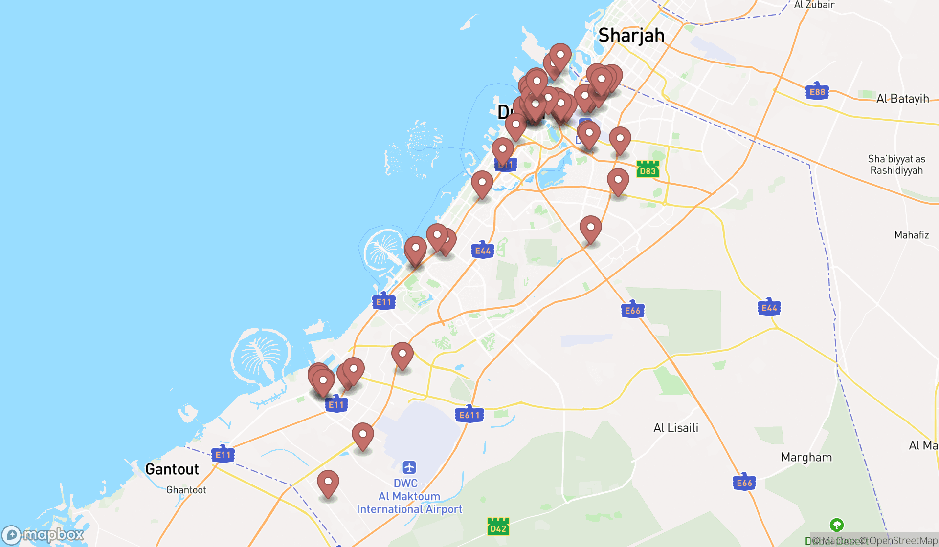 Map showing the search results in Dubai