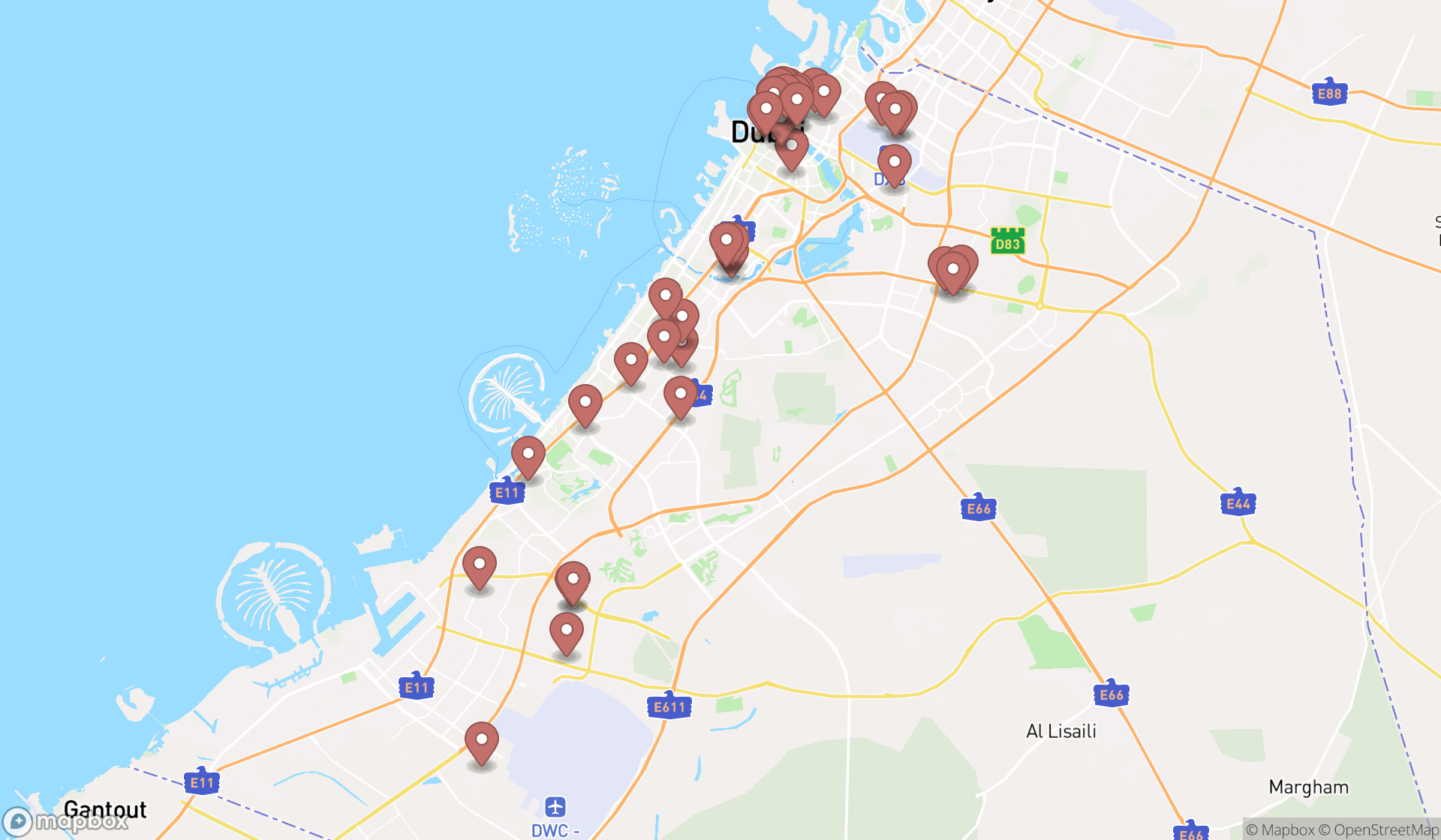 Map showing the search results in Dubai