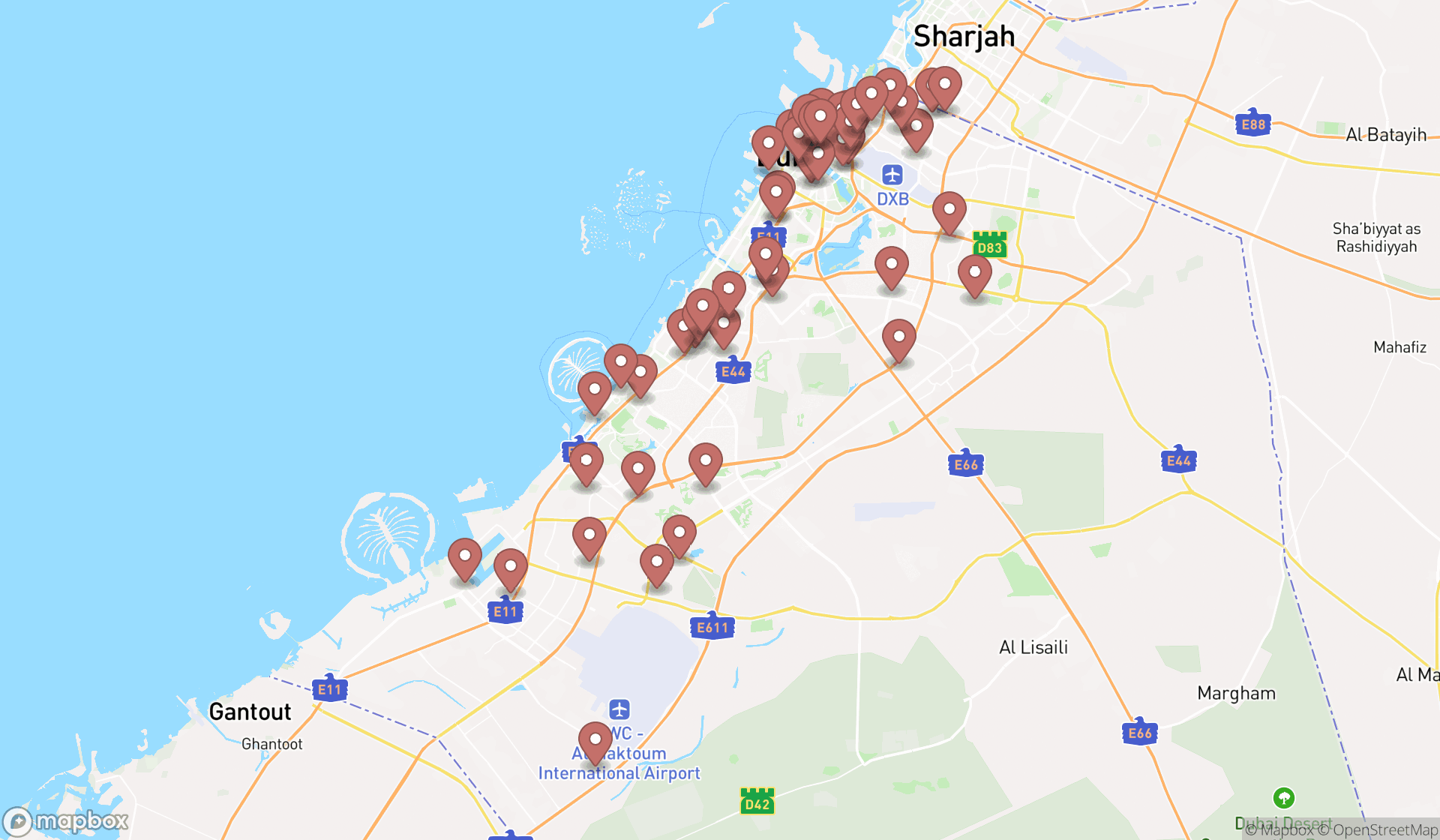 Map showing the search results in Dubai