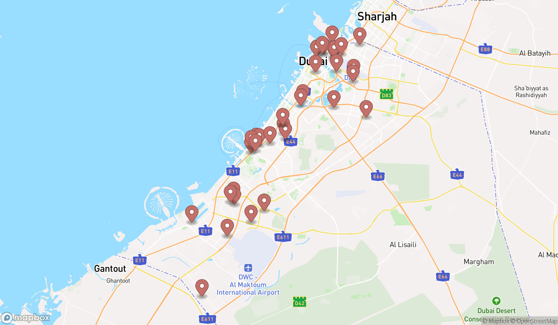 Map showing the search results in Dubai