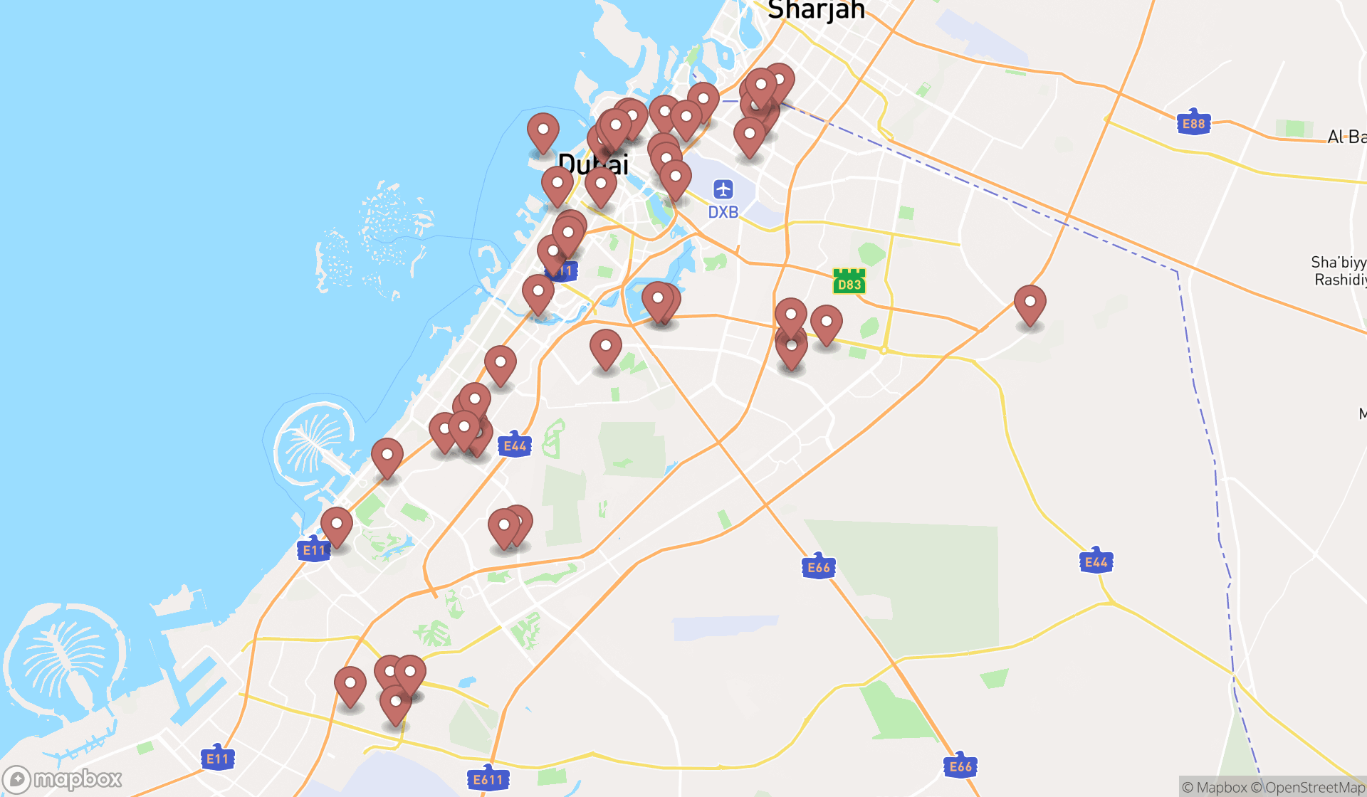 Map showing the search results in Dubai