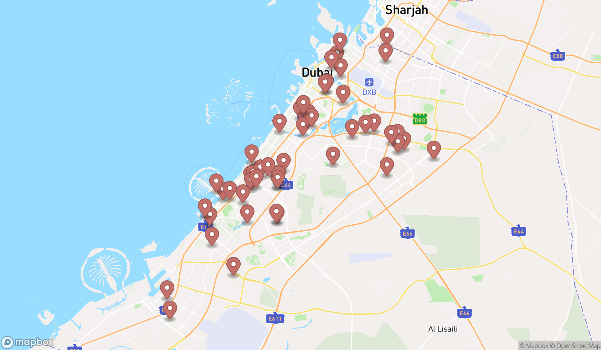 Map showing the search results in Dubai