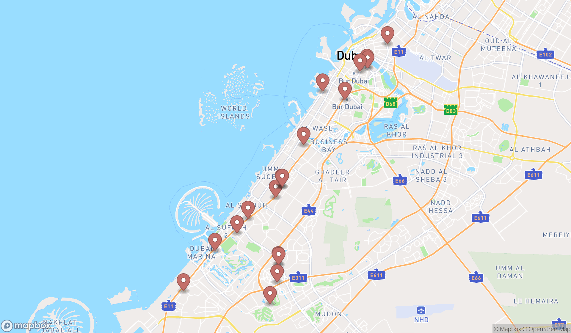 Map showing the search results in Dubai