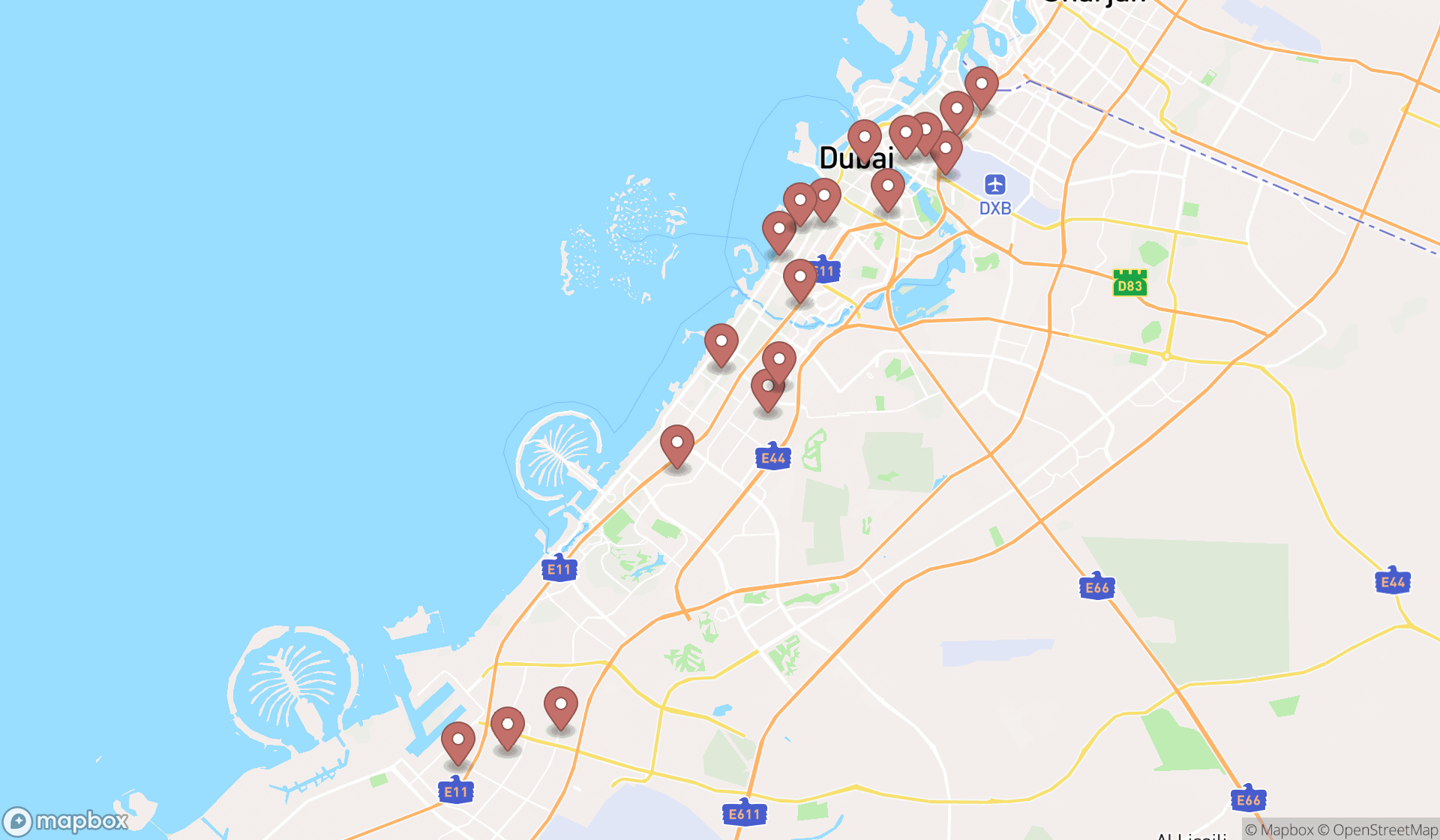 Map showing the search results in Dubai