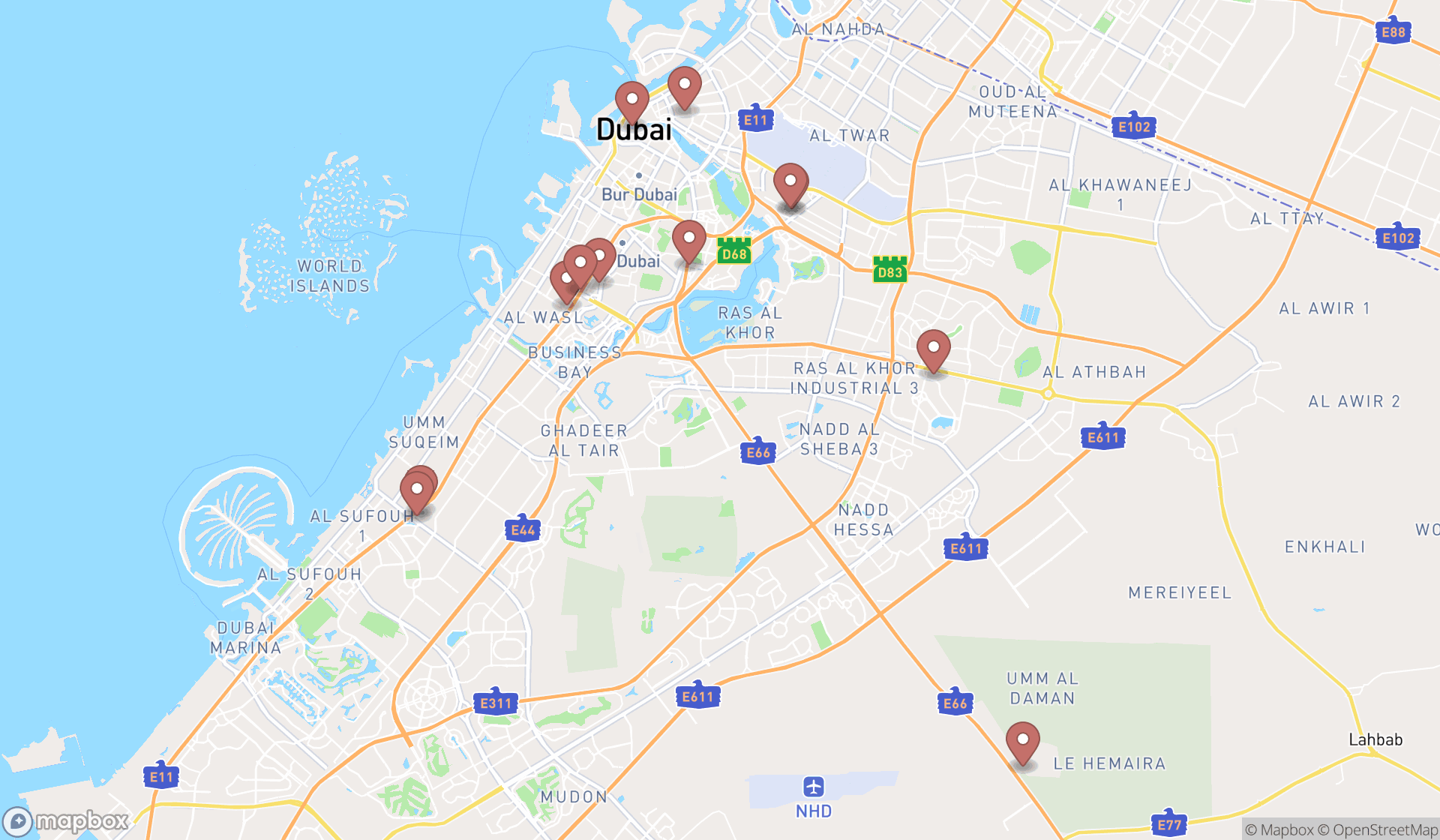 Map showing the search results in Dubai