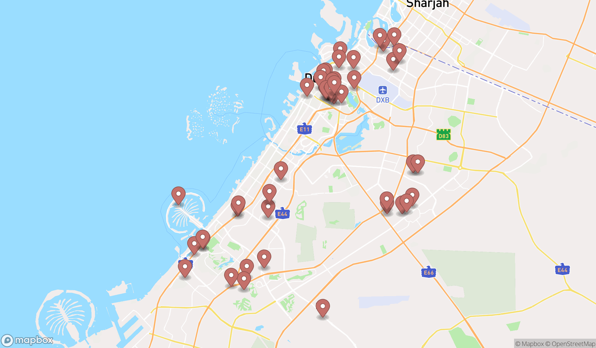 Map showing the search results in Dubai