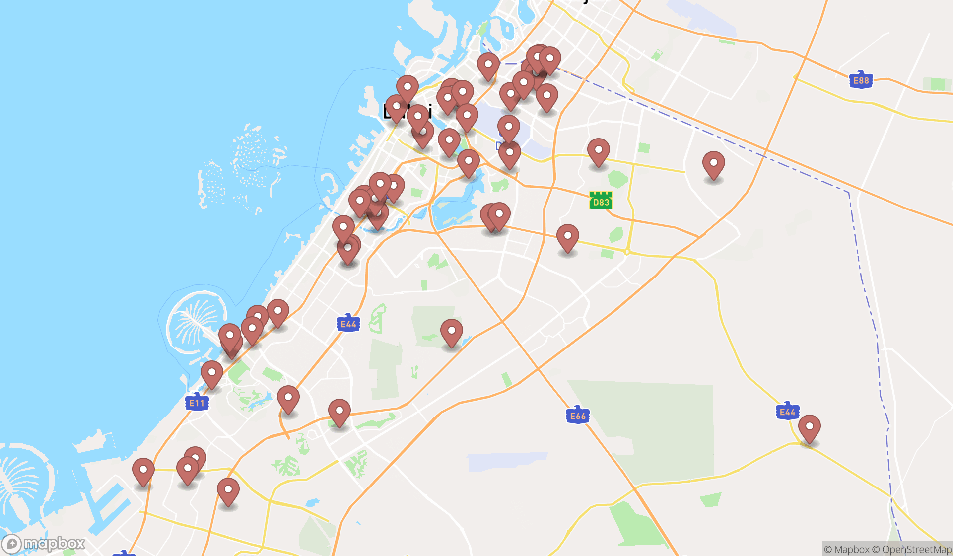 Map showing the search results in Dubai