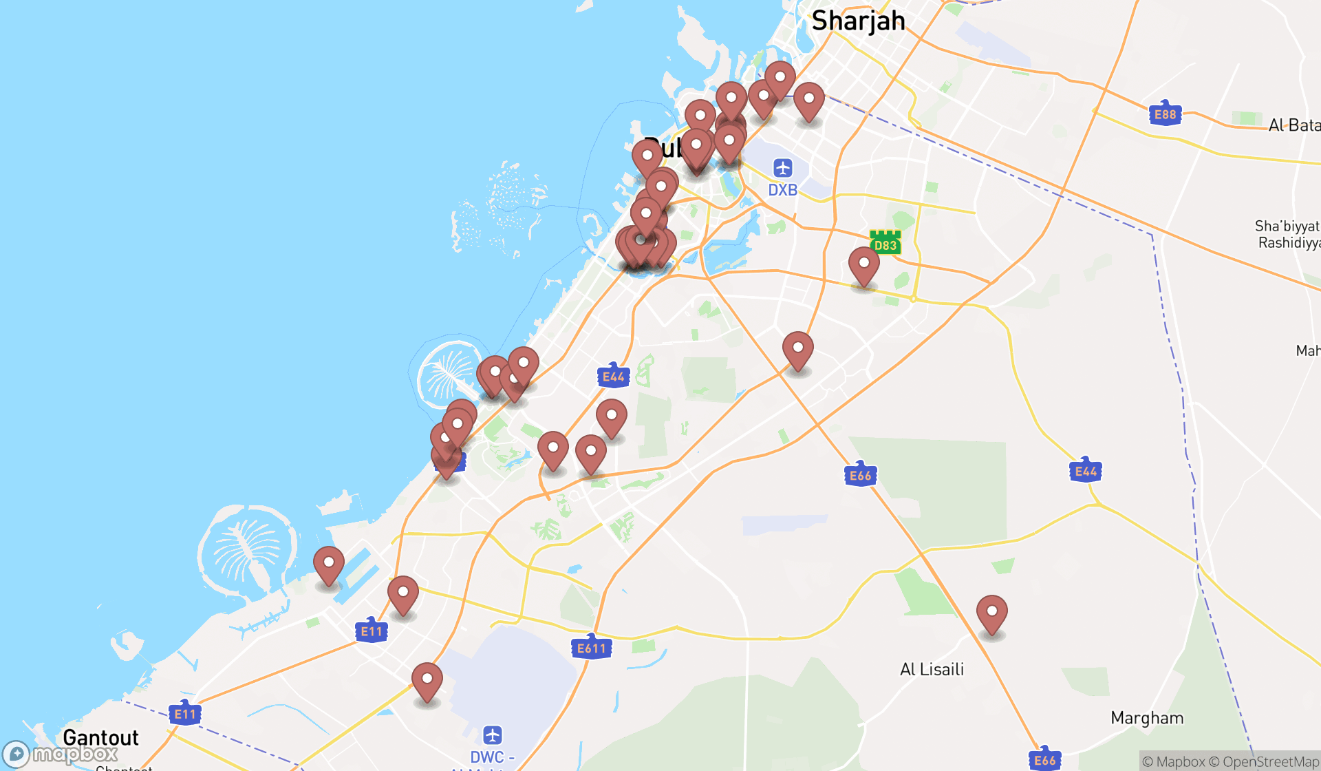 Map showing the search results in Dubai