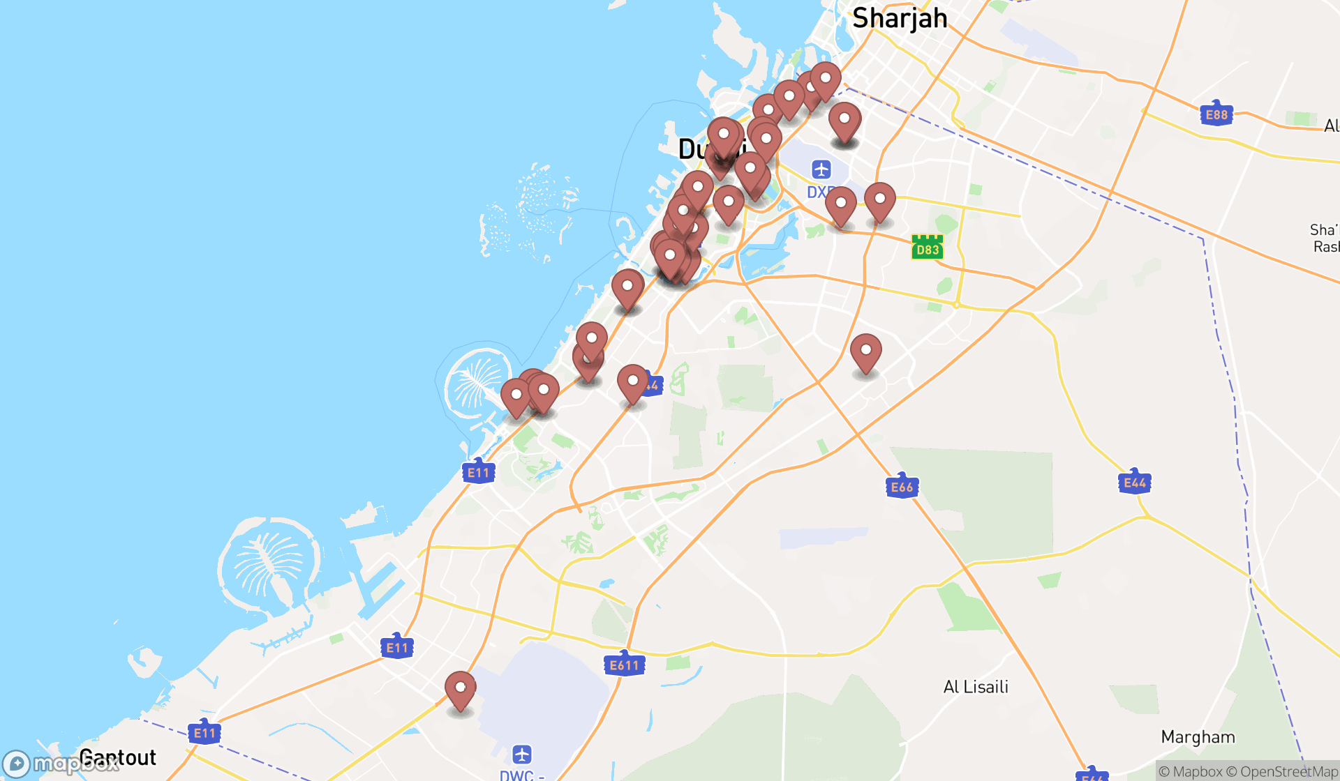 Map showing the search results in Dubai