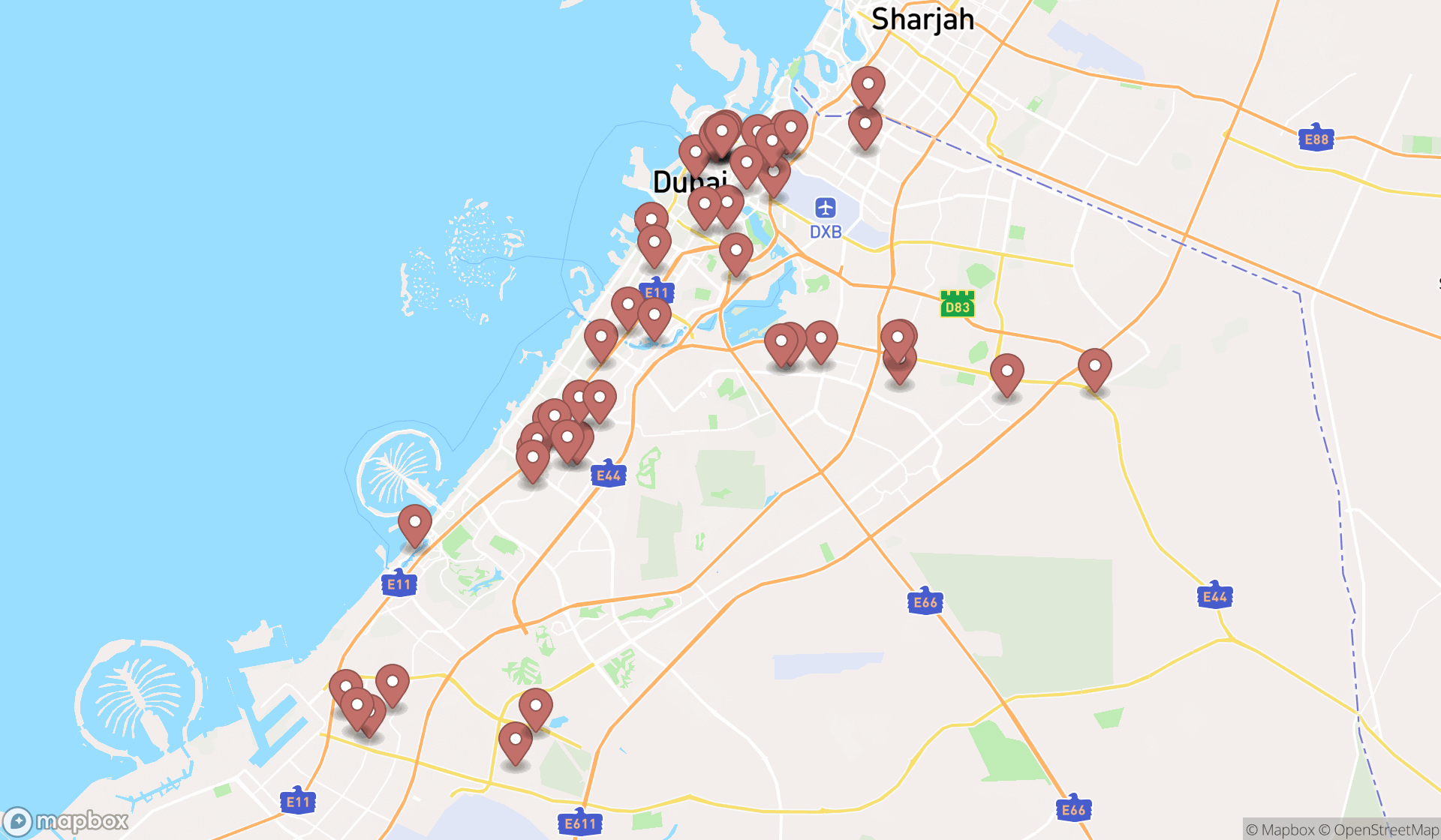 Map showing the search results in Dubai