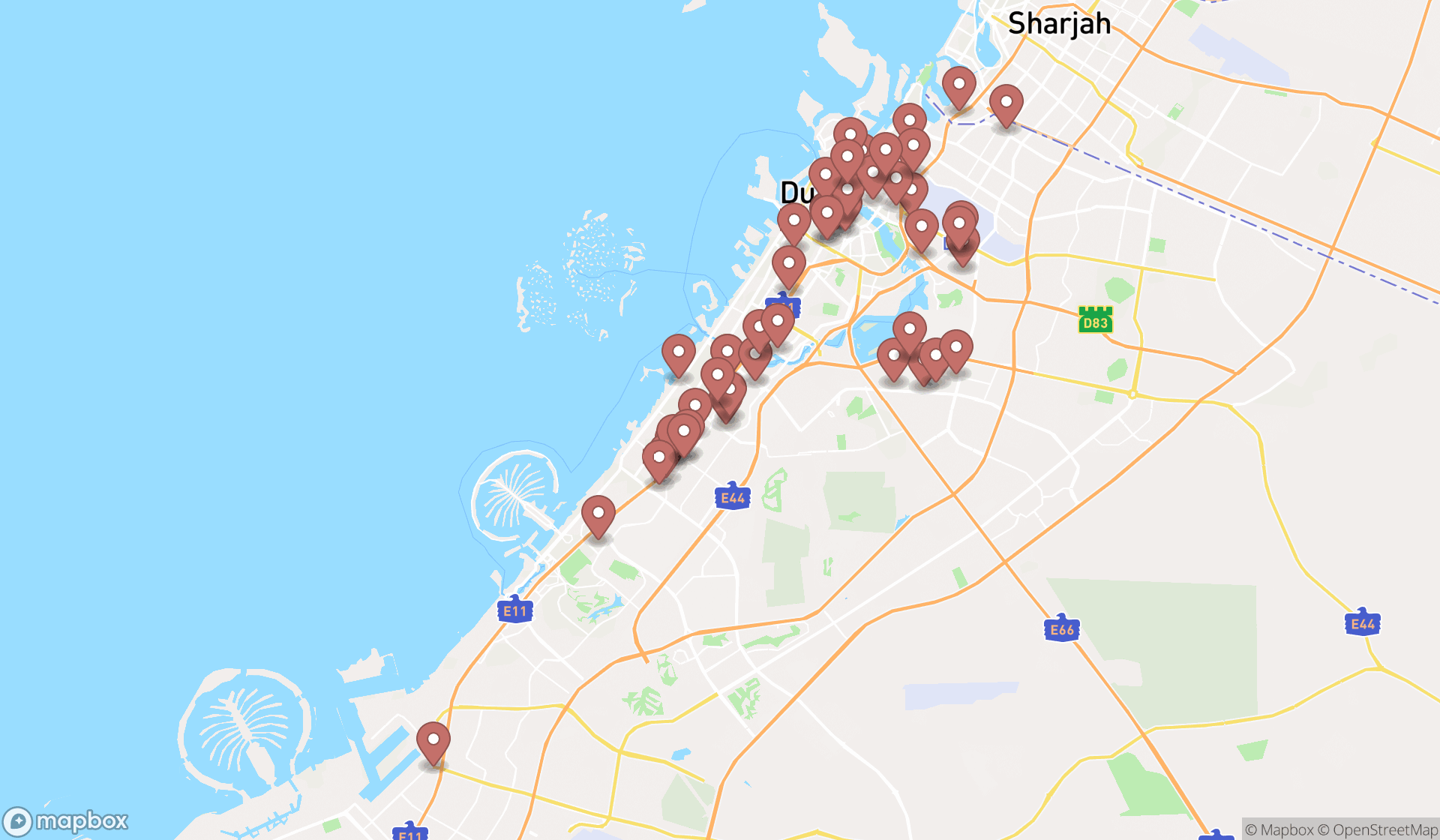 Map showing the search results in Dubai