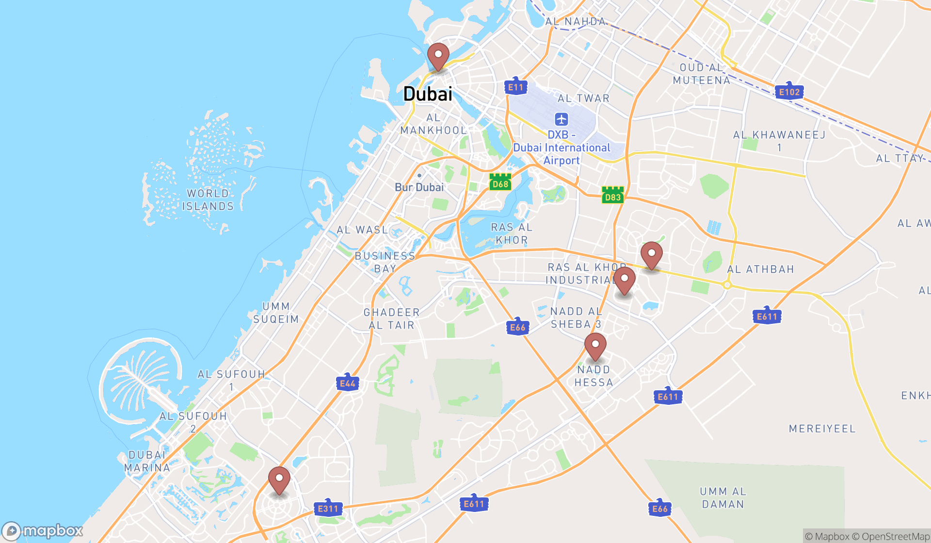 Map showing the search results in Dubai