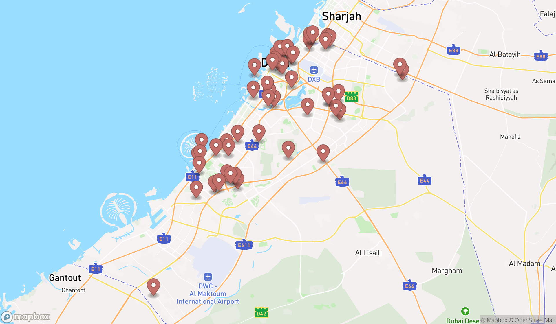 Map showing the search results in Dubai