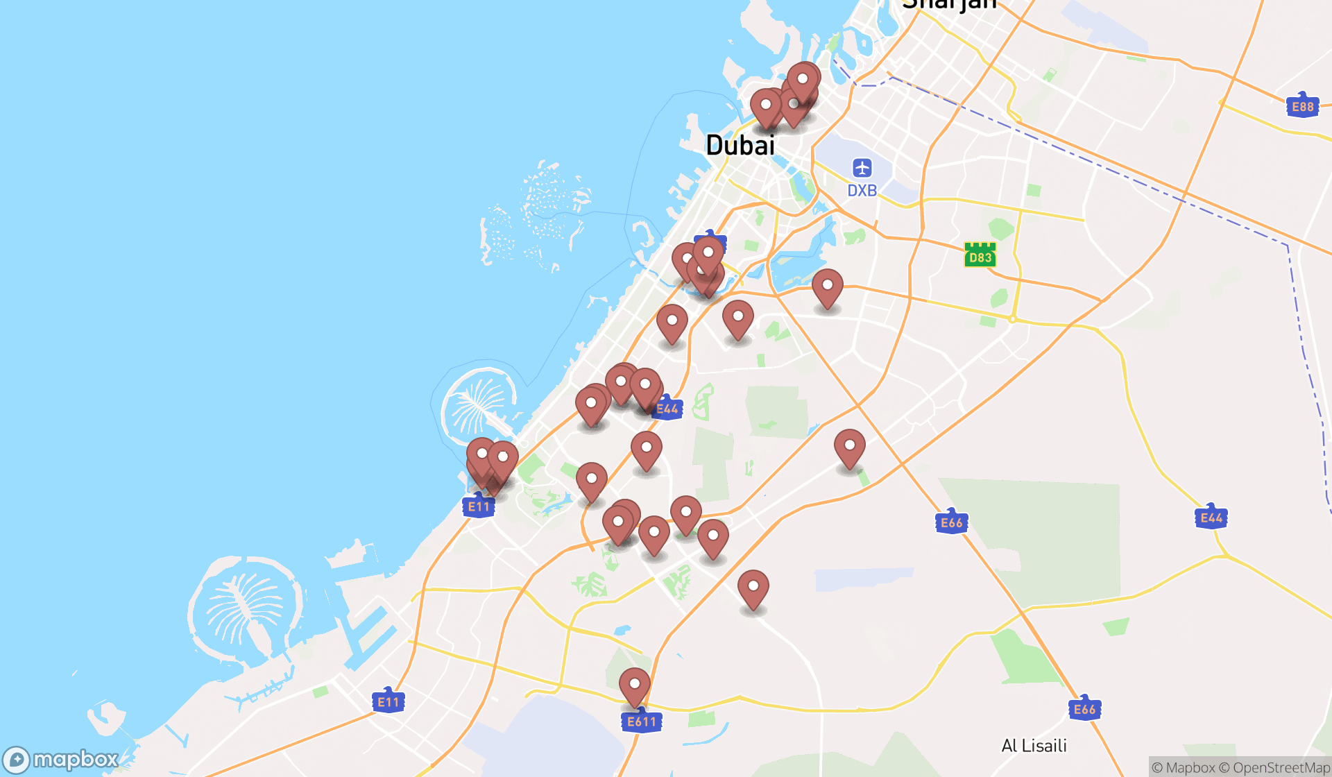 Map showing the search results in Dubai