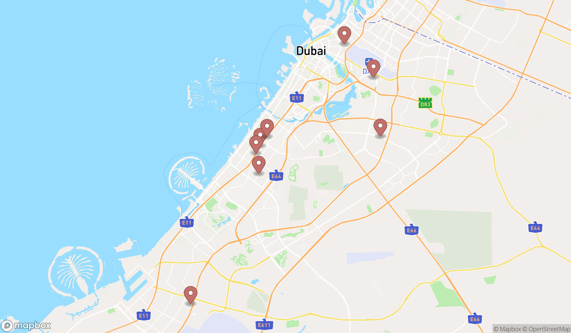 Map showing the search results in Dubai