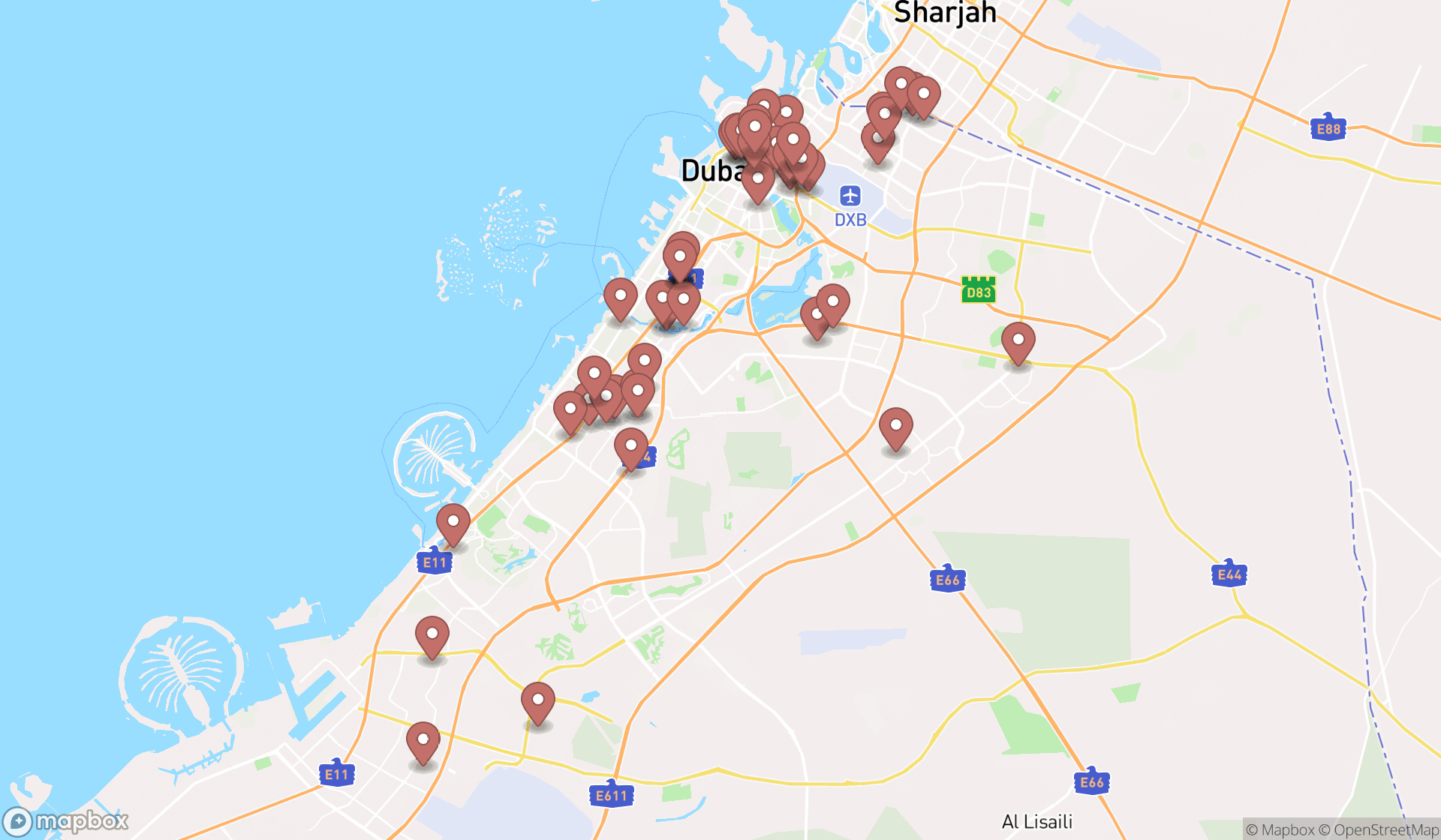 Map showing the search results in Dubai