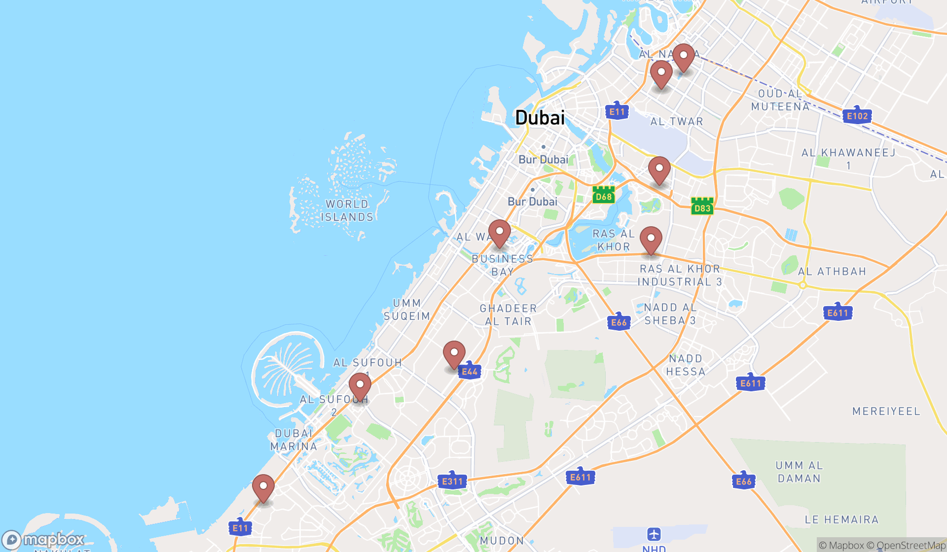 Map showing the search results in Dubai