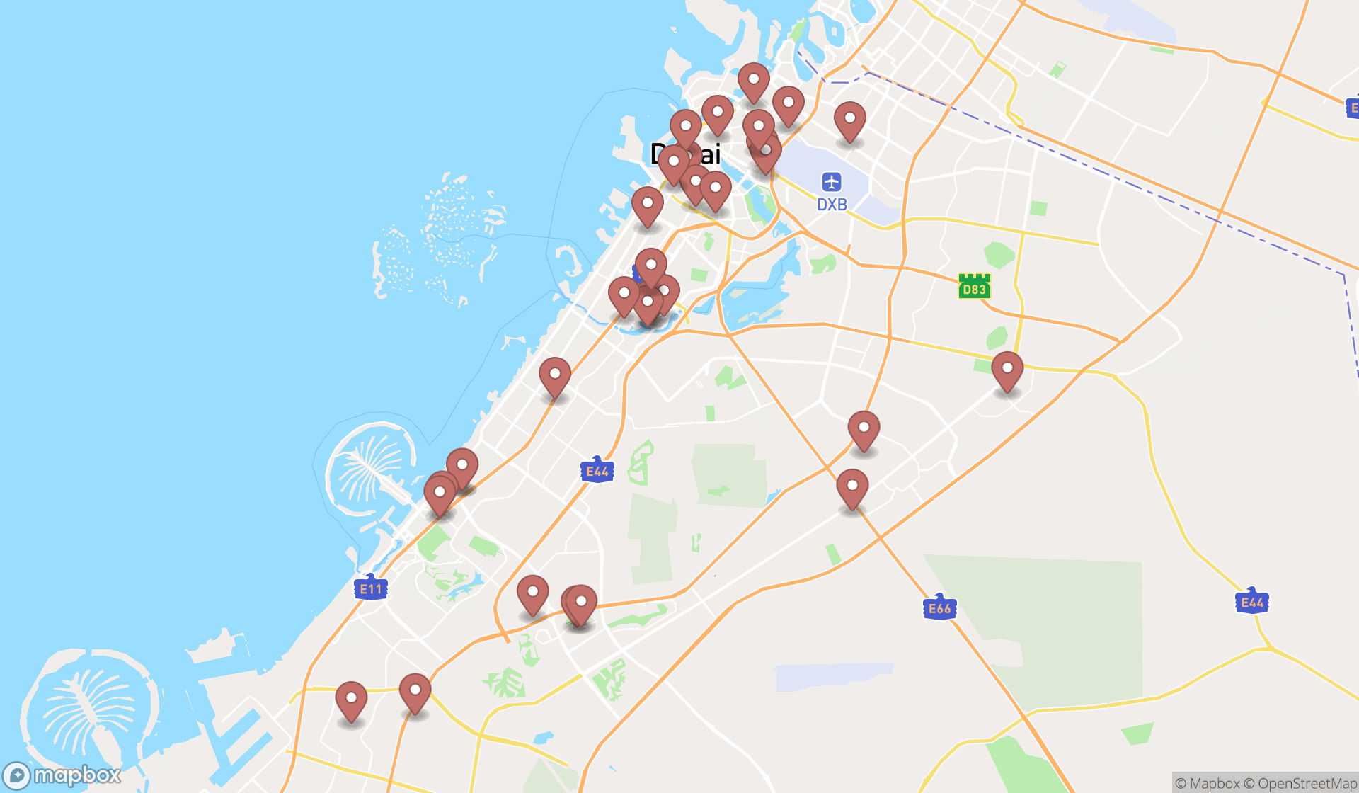 Map showing the search results in Dubai