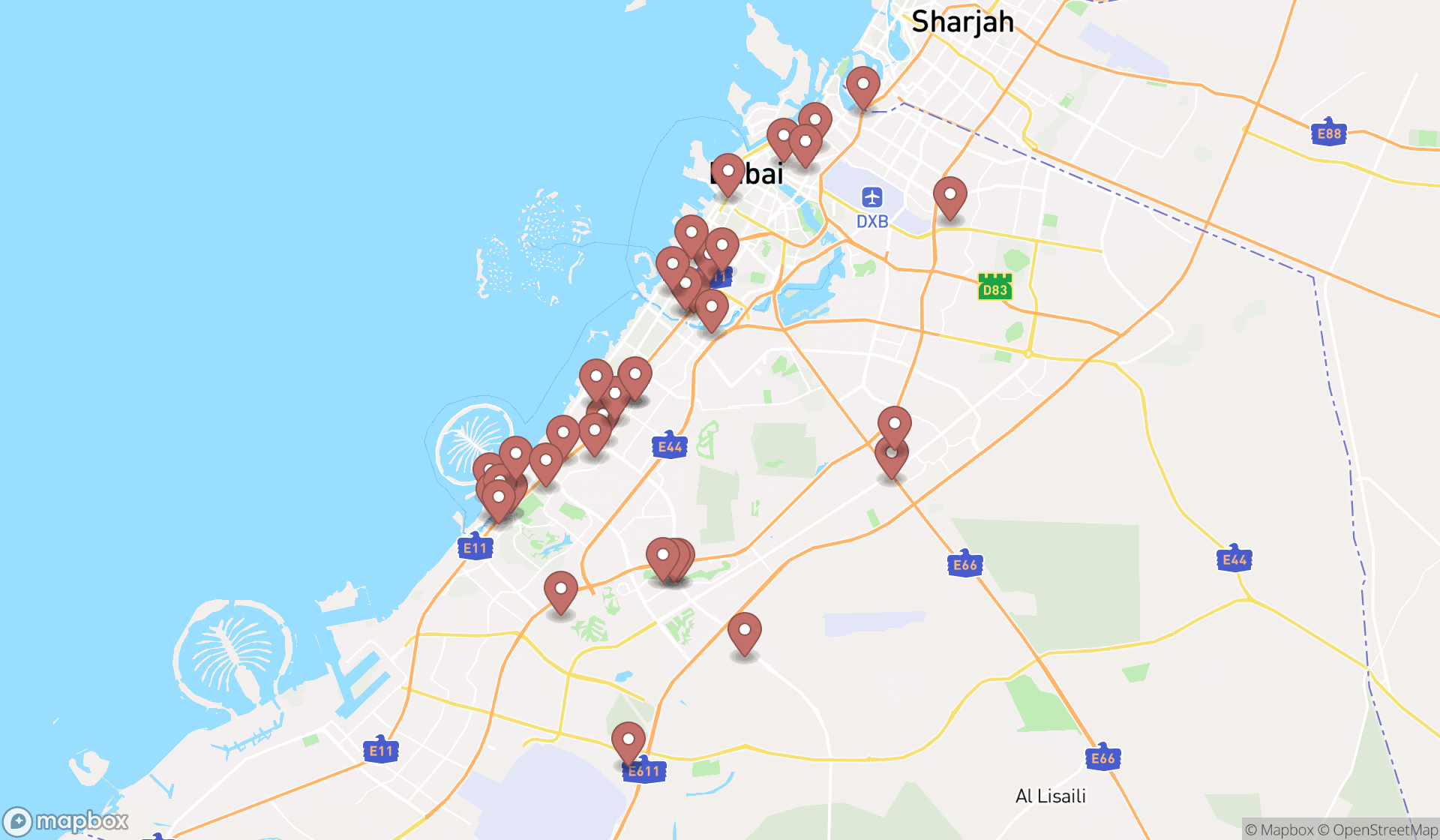Map showing the search results in Dubai