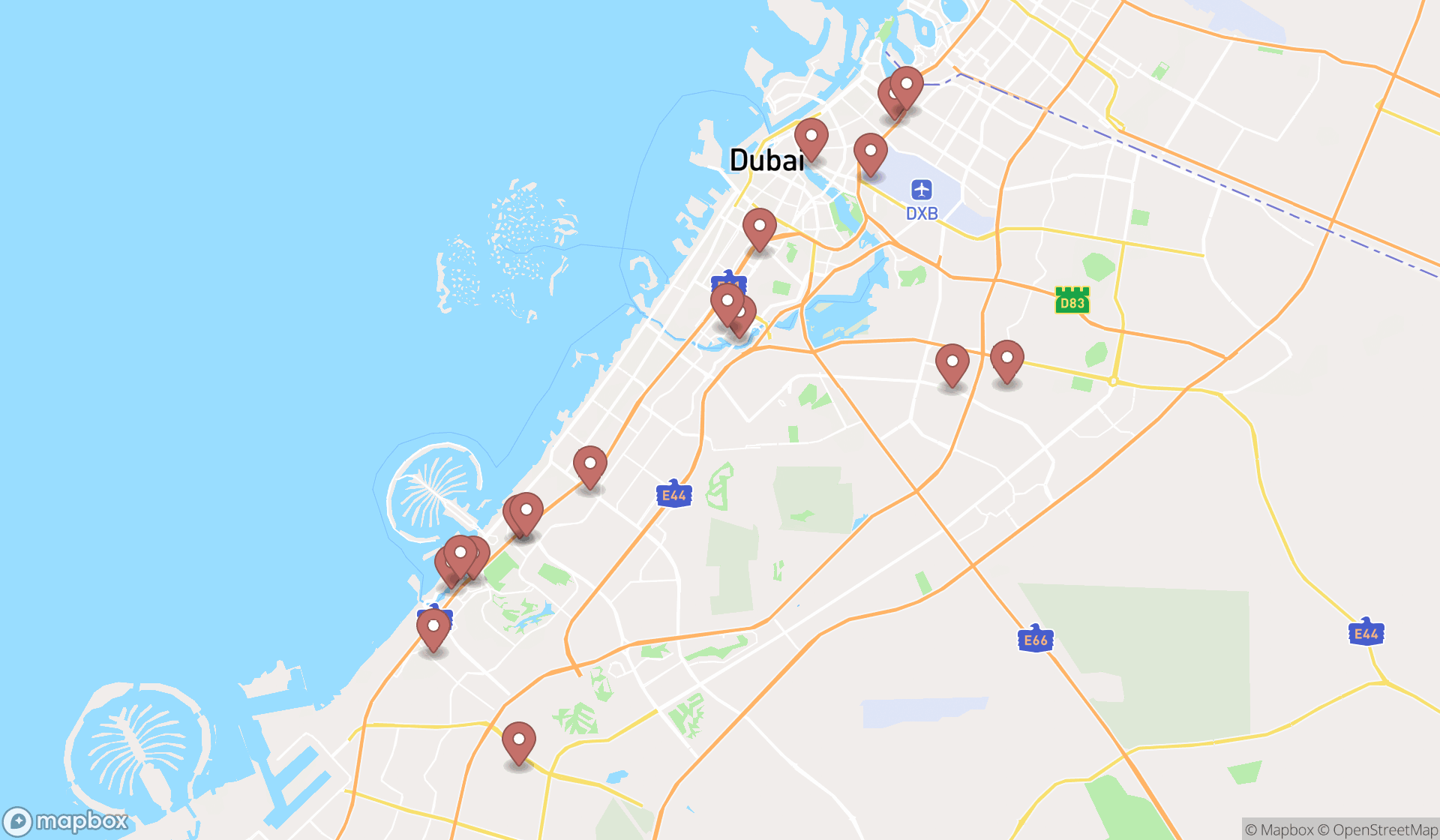Map showing the search results in Dubai