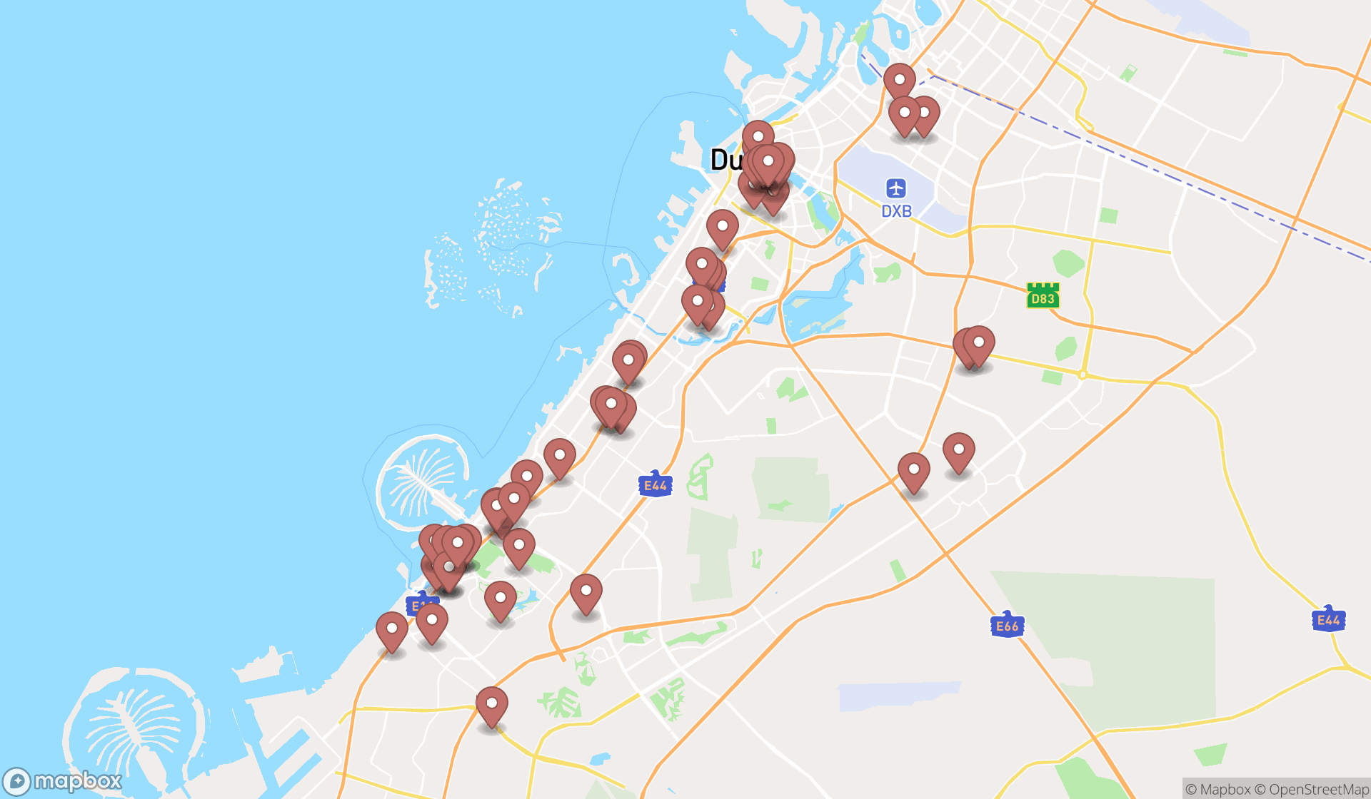Map showing the search results in Dubai