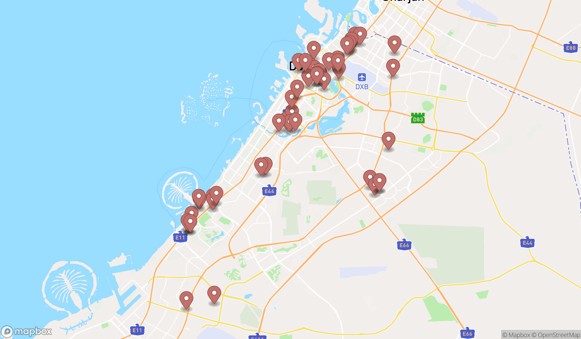 Map showing the search results in Dubai