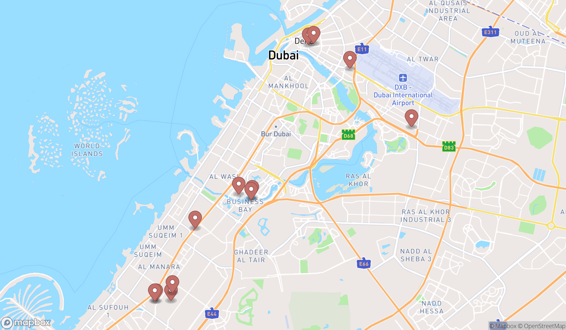 Map showing the search results in Dubai