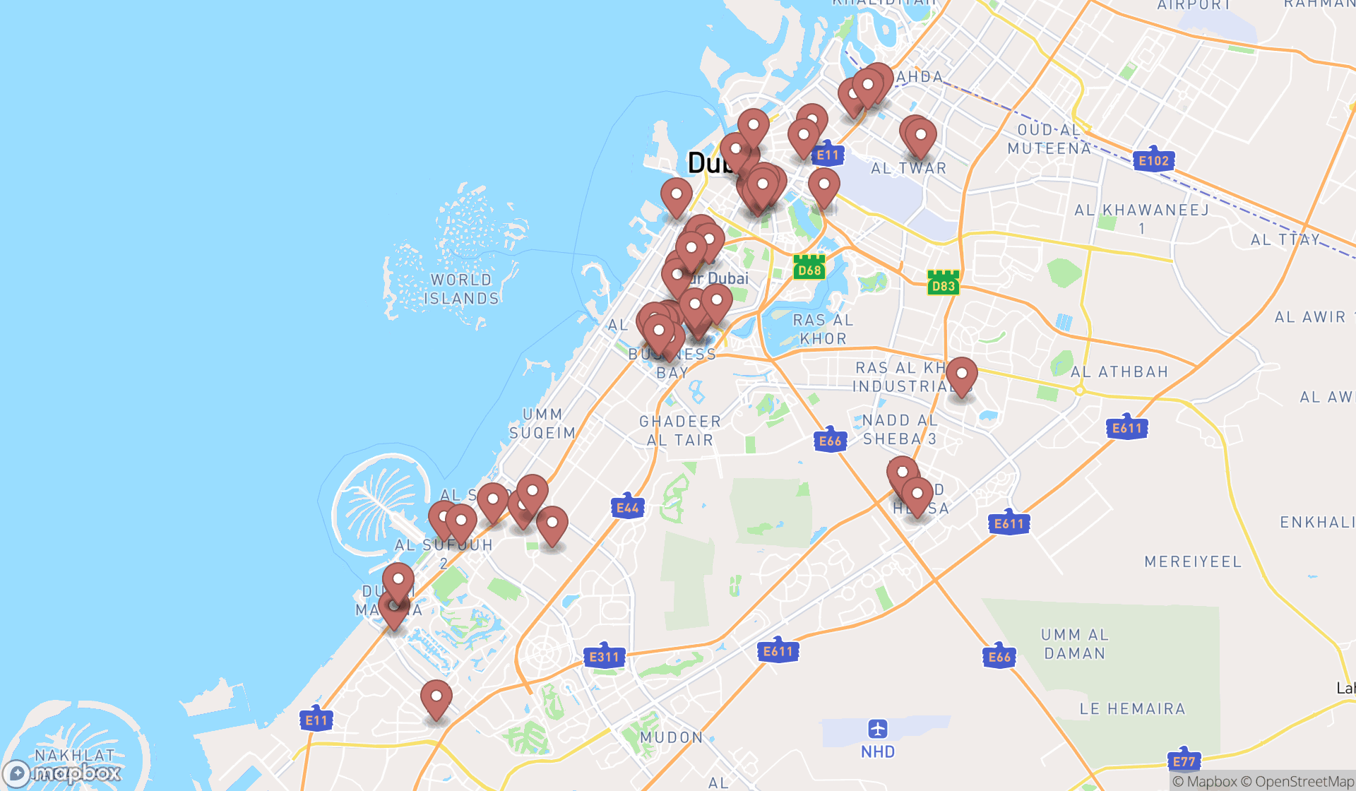 Map showing the search results in Dubai