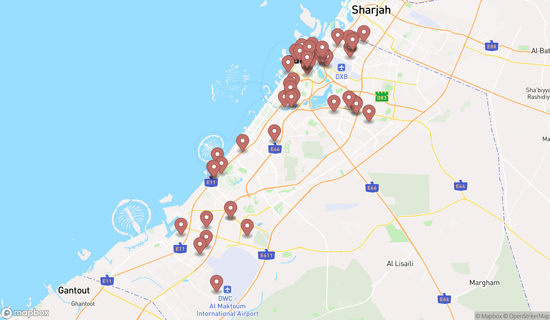 Map showing the search results in Dubai