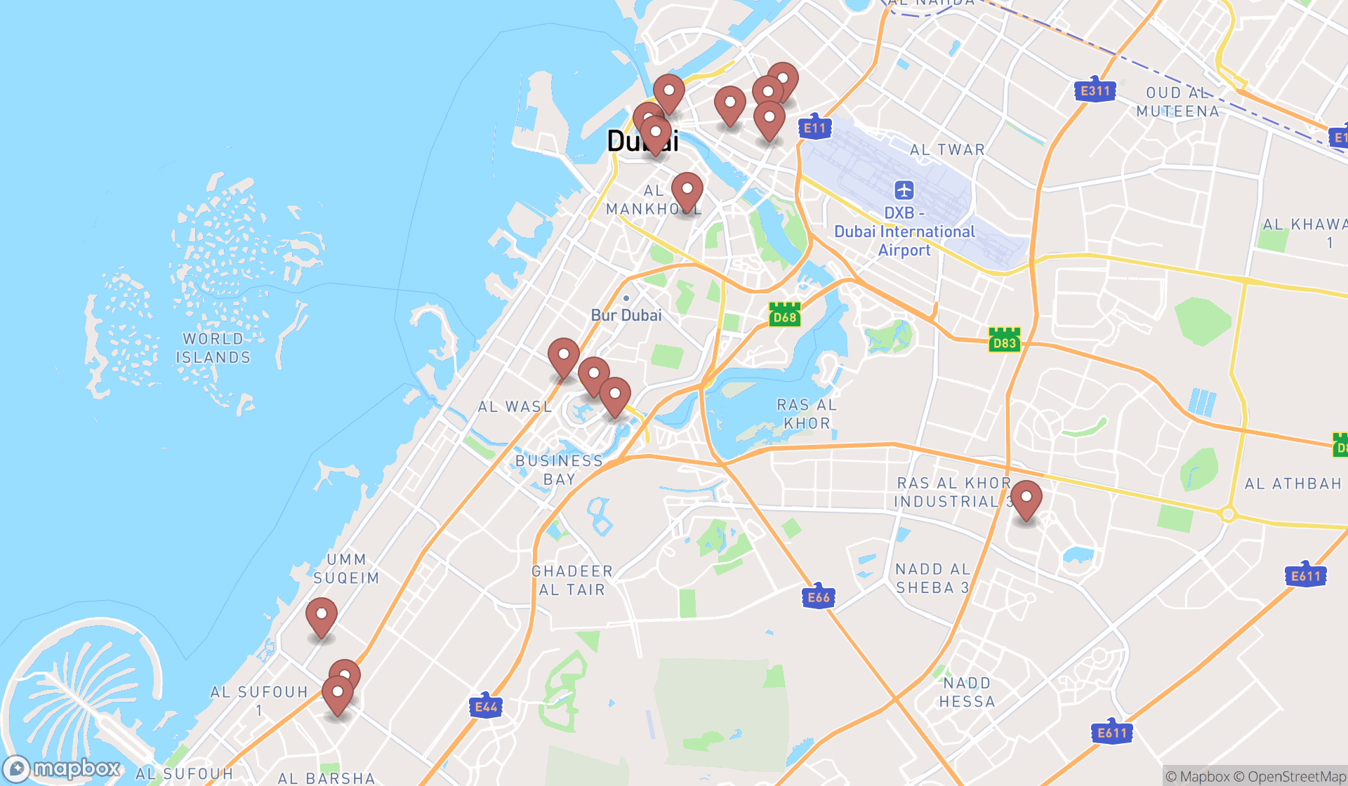 Map showing the search results in Dubai