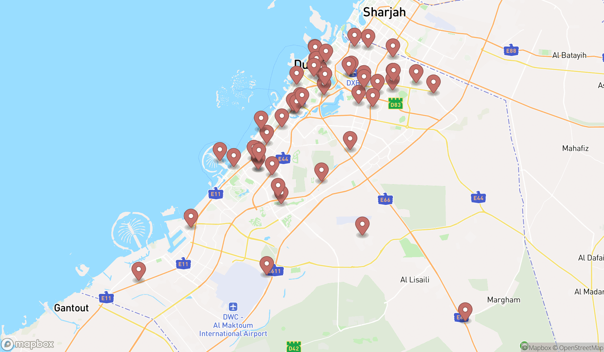 Map showing the search results in Dubai