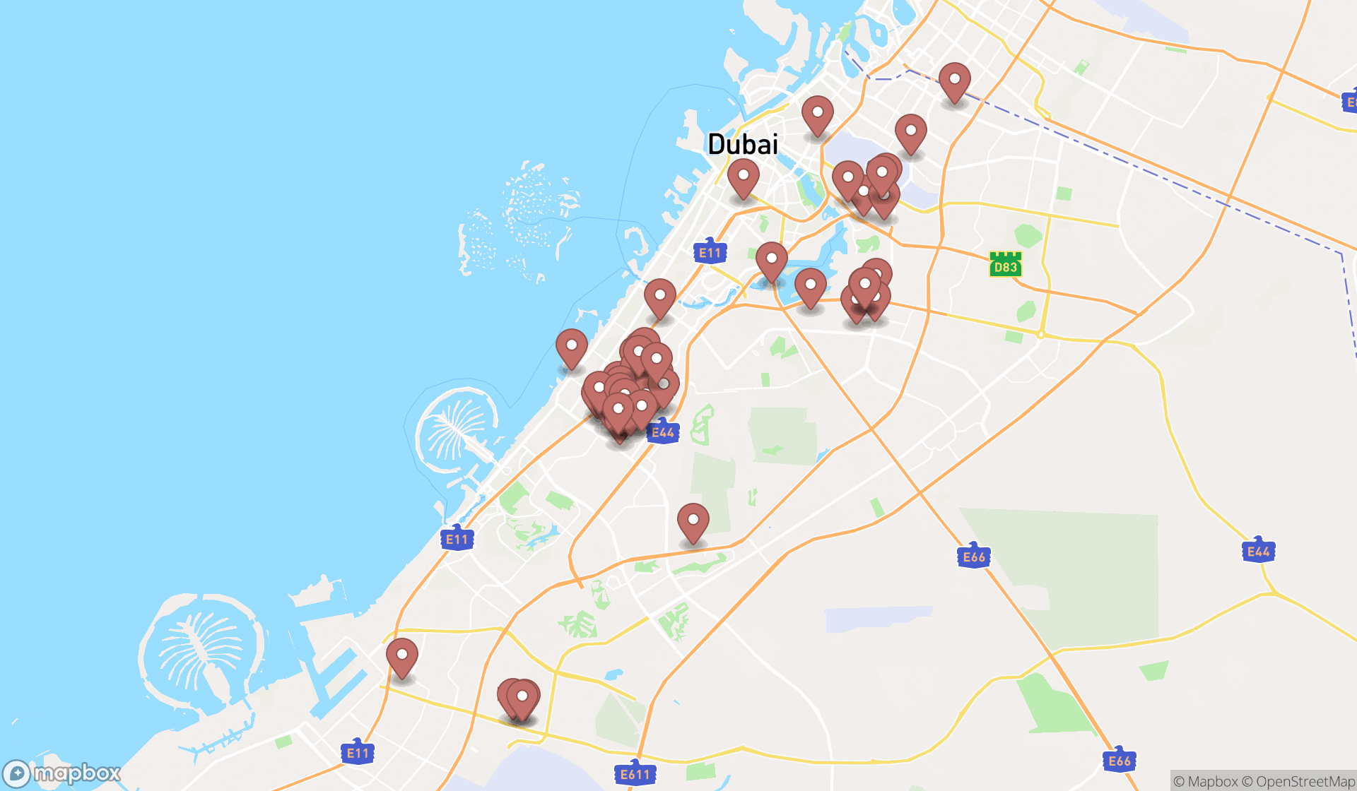 Map showing the search results in Dubai