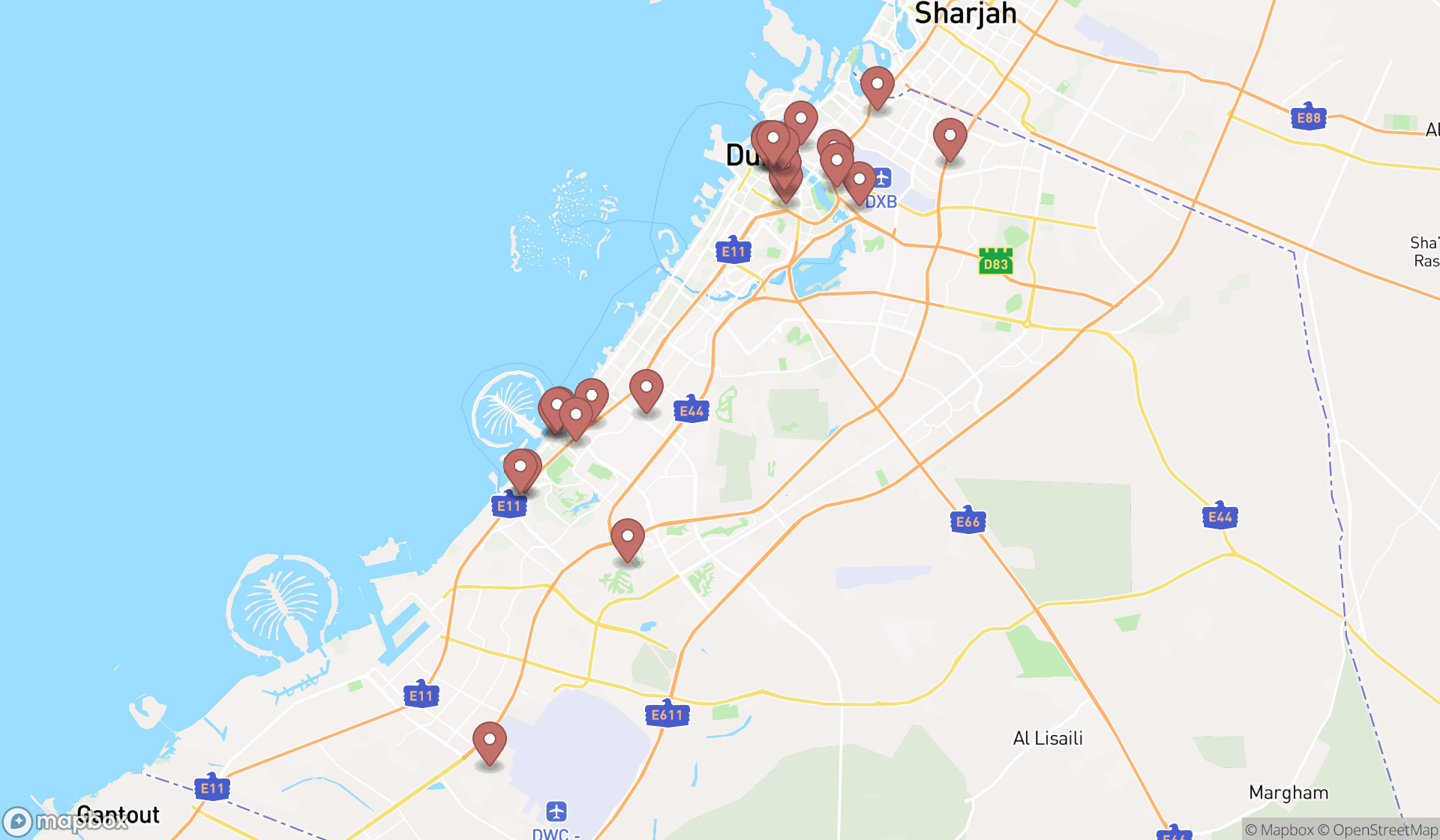 Map showing the search results in Dubai