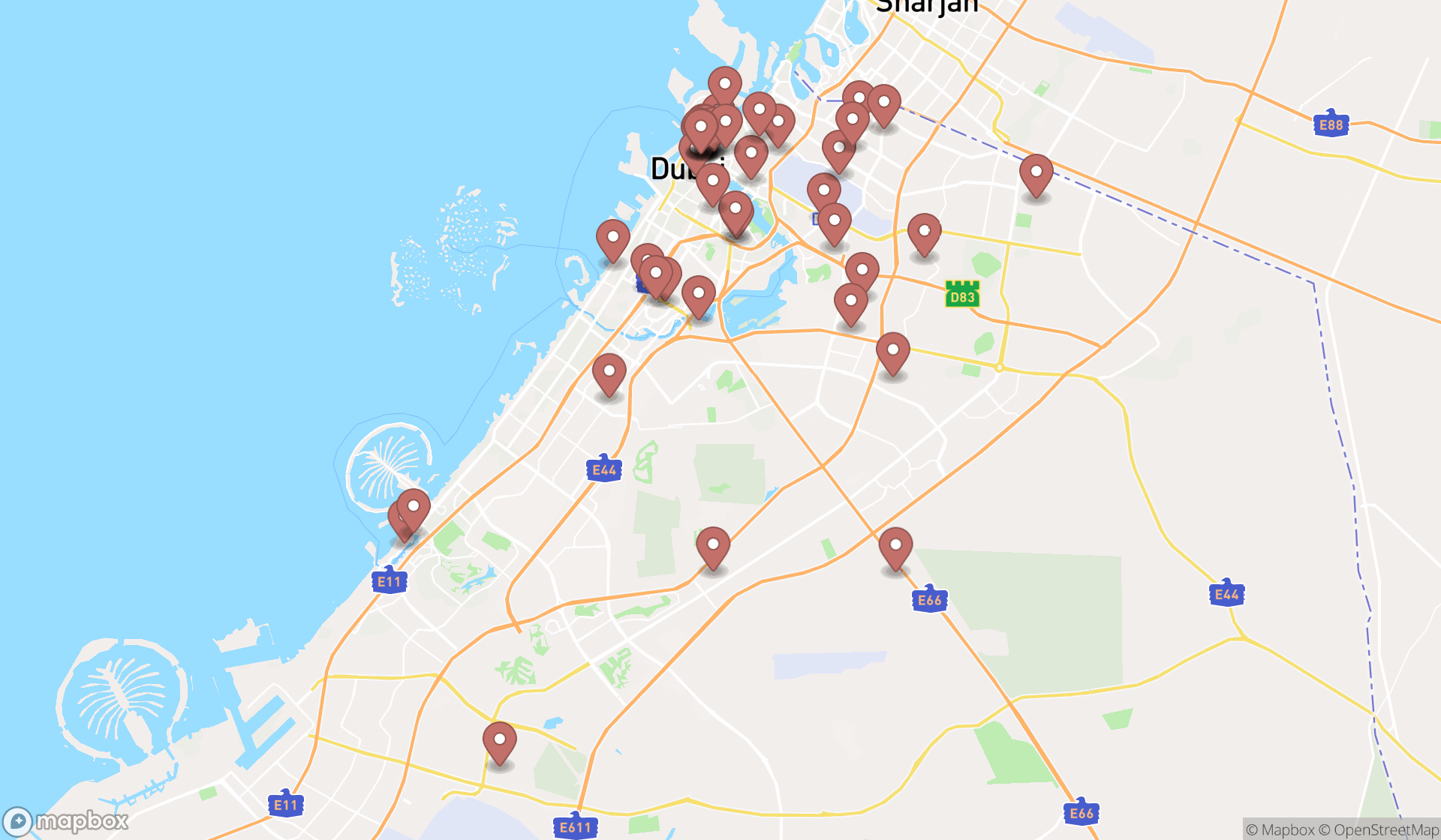 Map showing the search results in Dubai