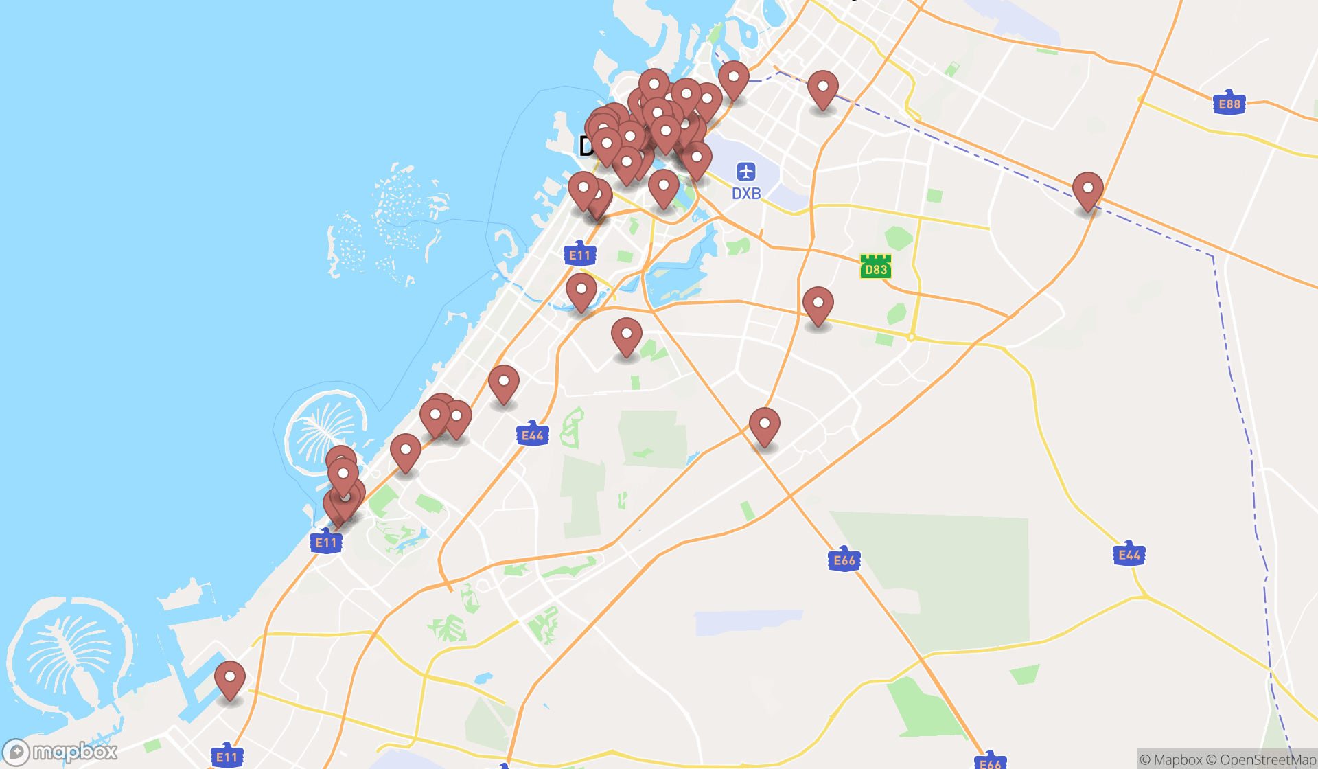 Map showing the search results in Dubai