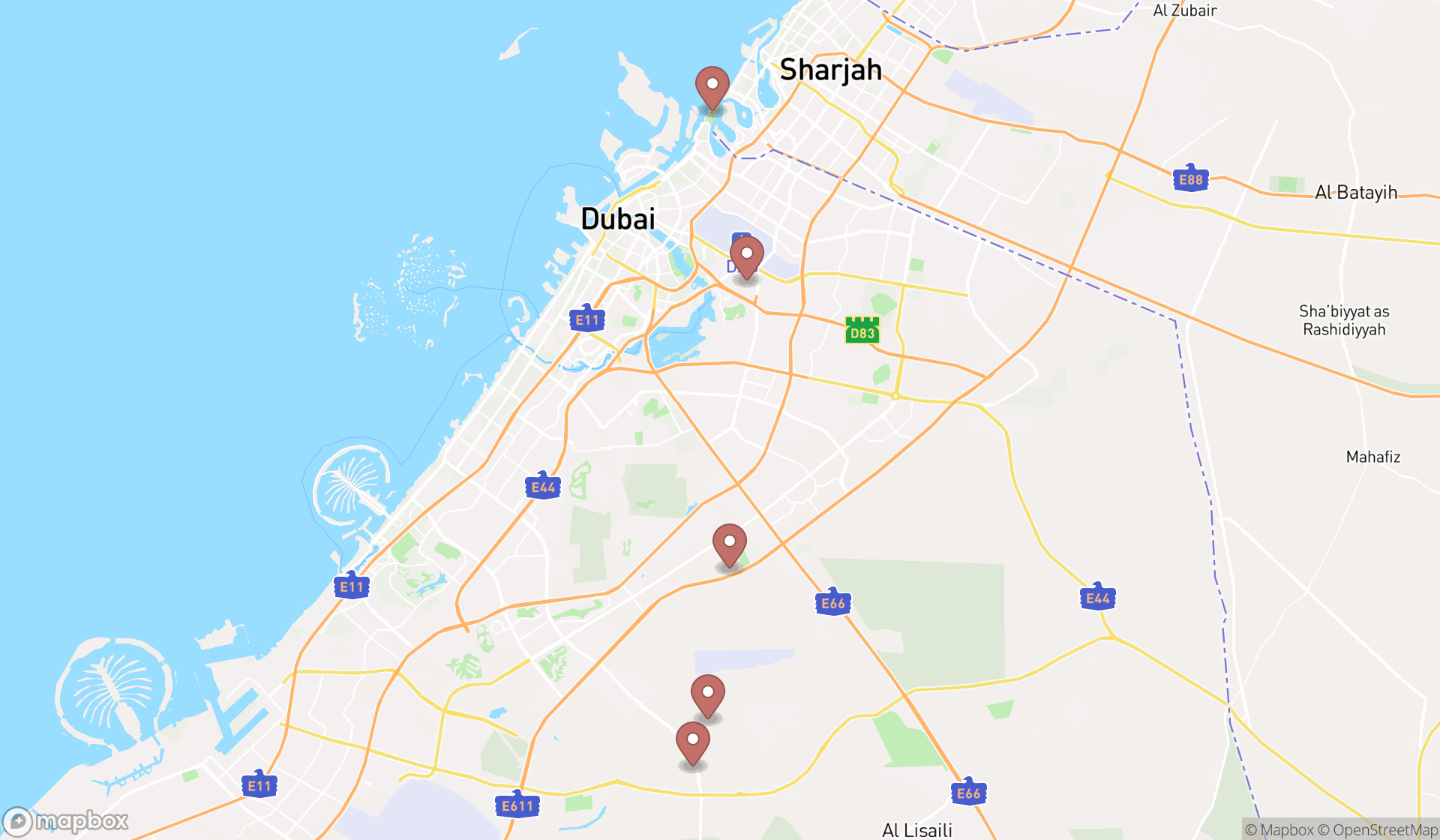 Map showing the search results in Dubai