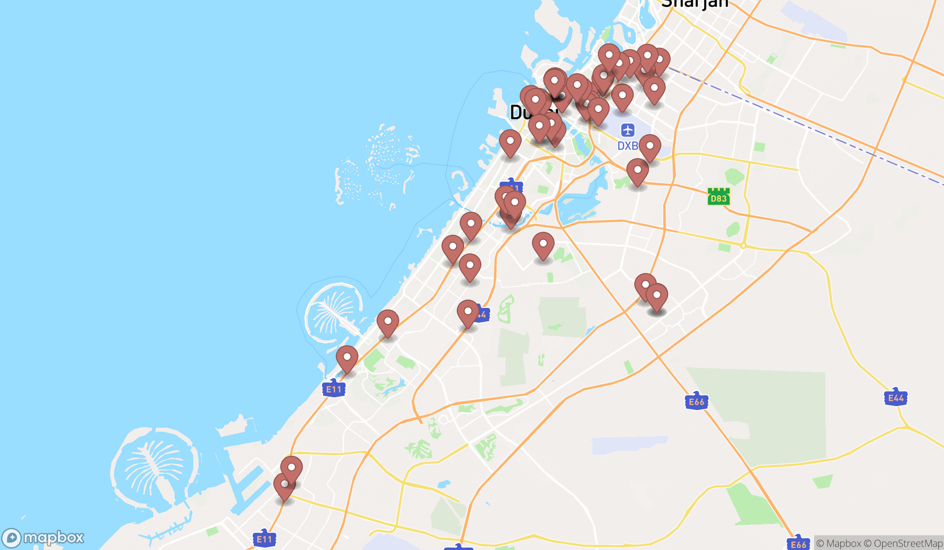 Map showing the search results in Dubai