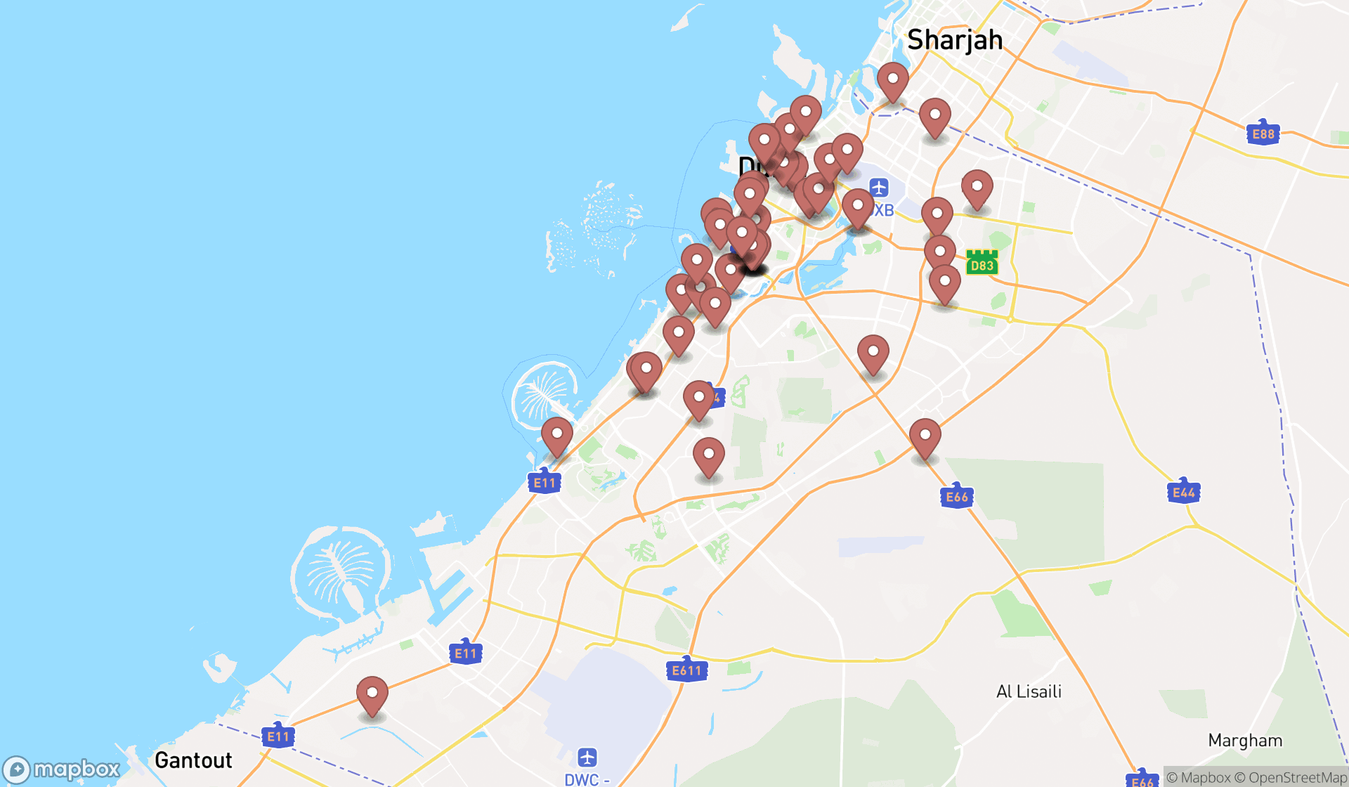 Map showing the search results in Dubai