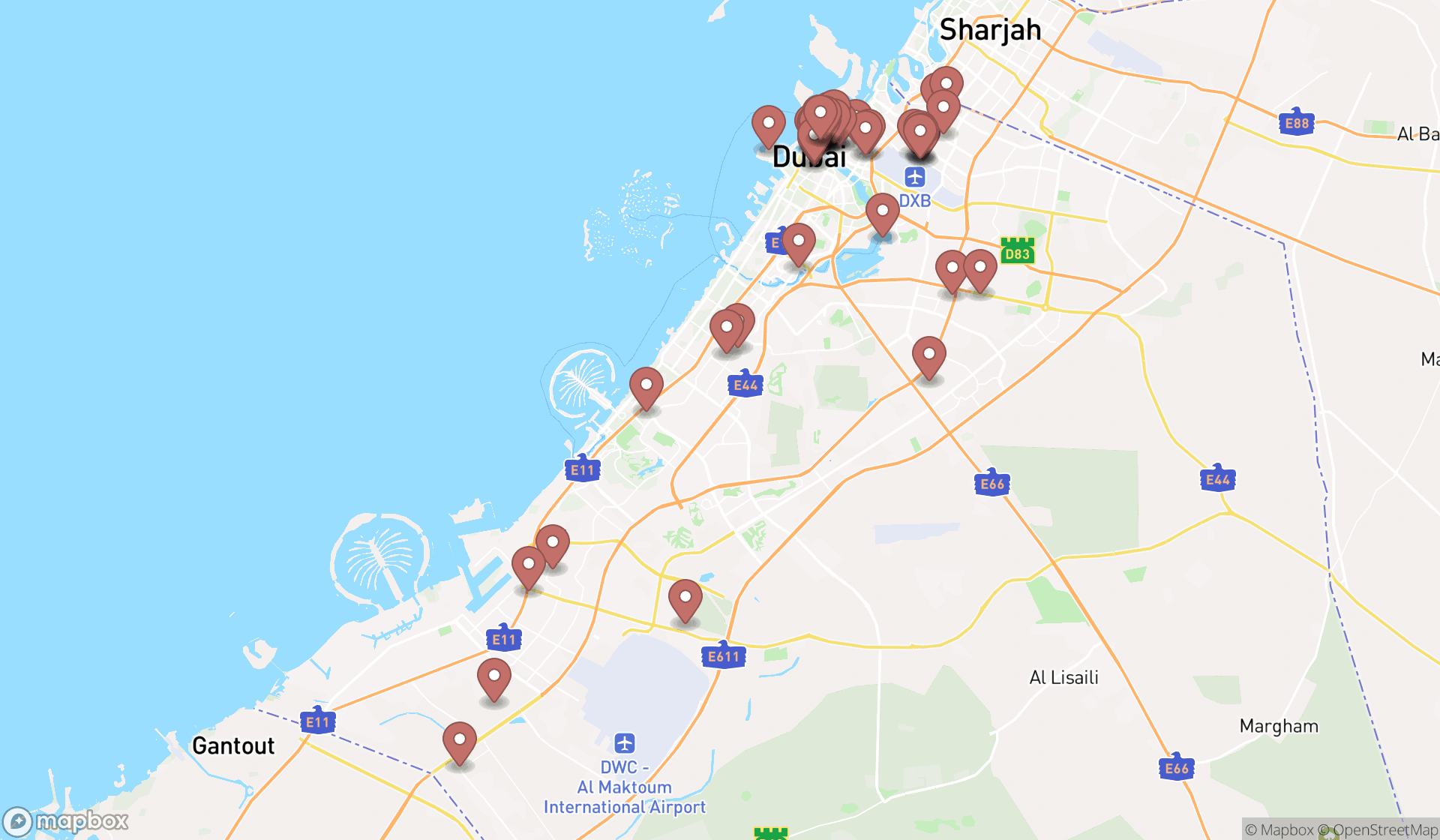 Map showing the search results in Dubai